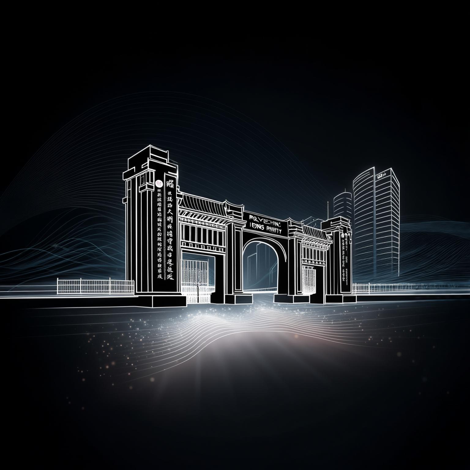 AI Image Generated by Luma Photon: Please combine the gate of the Polytechnic University and the landmark building of Hong Kong to generate a white highlight, and the bottom will glow. The lines need sound and hearing.