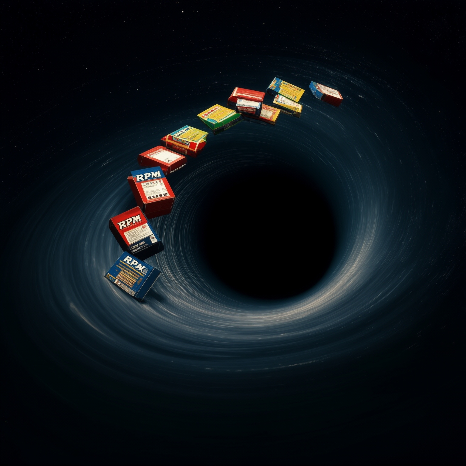 AI Image Generated by Luma Photon: throwing old rpm packages into a black hole