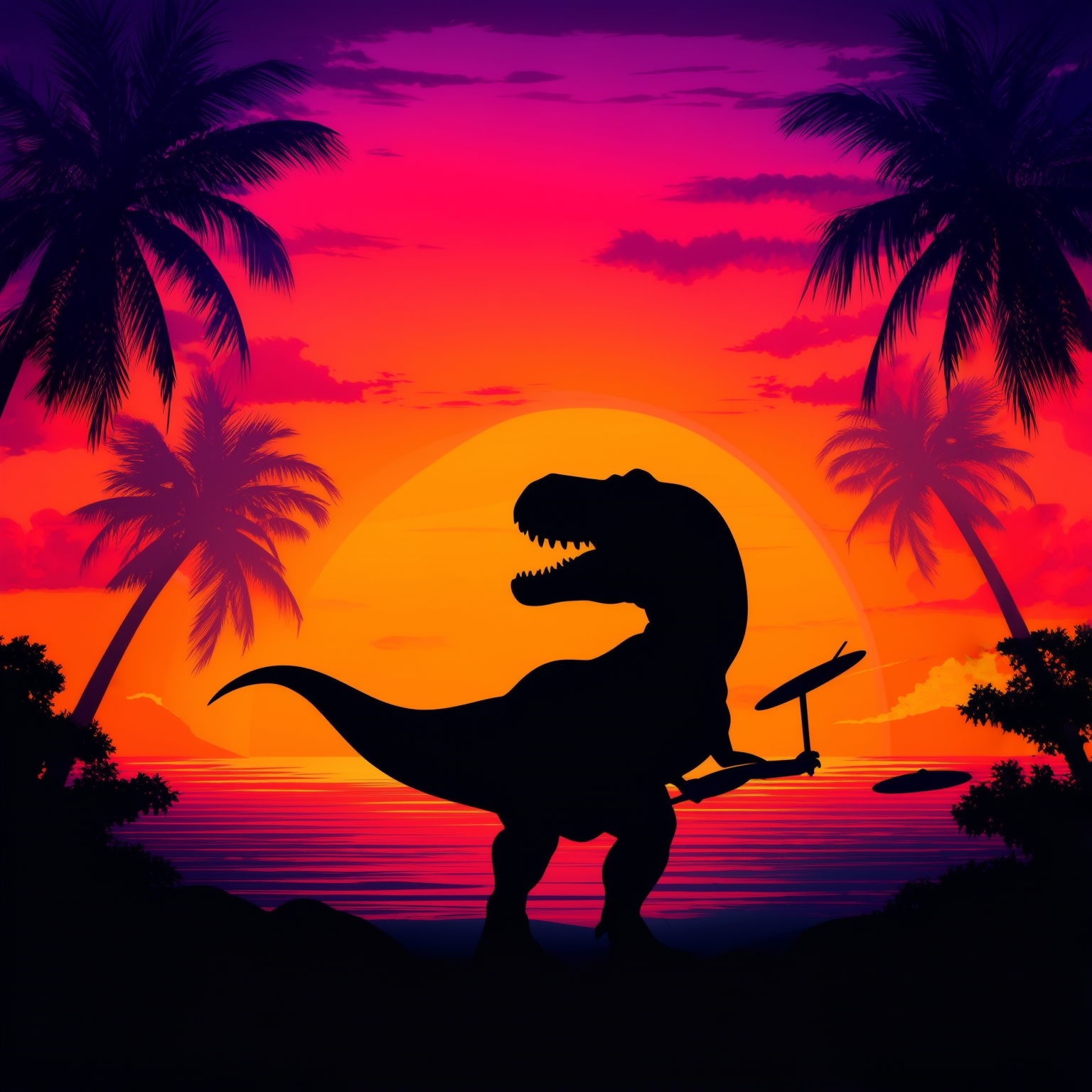 AI Image Generated by Luma Photon: t-rex happily playing drums silhouetted by a sunset in Hawaii 