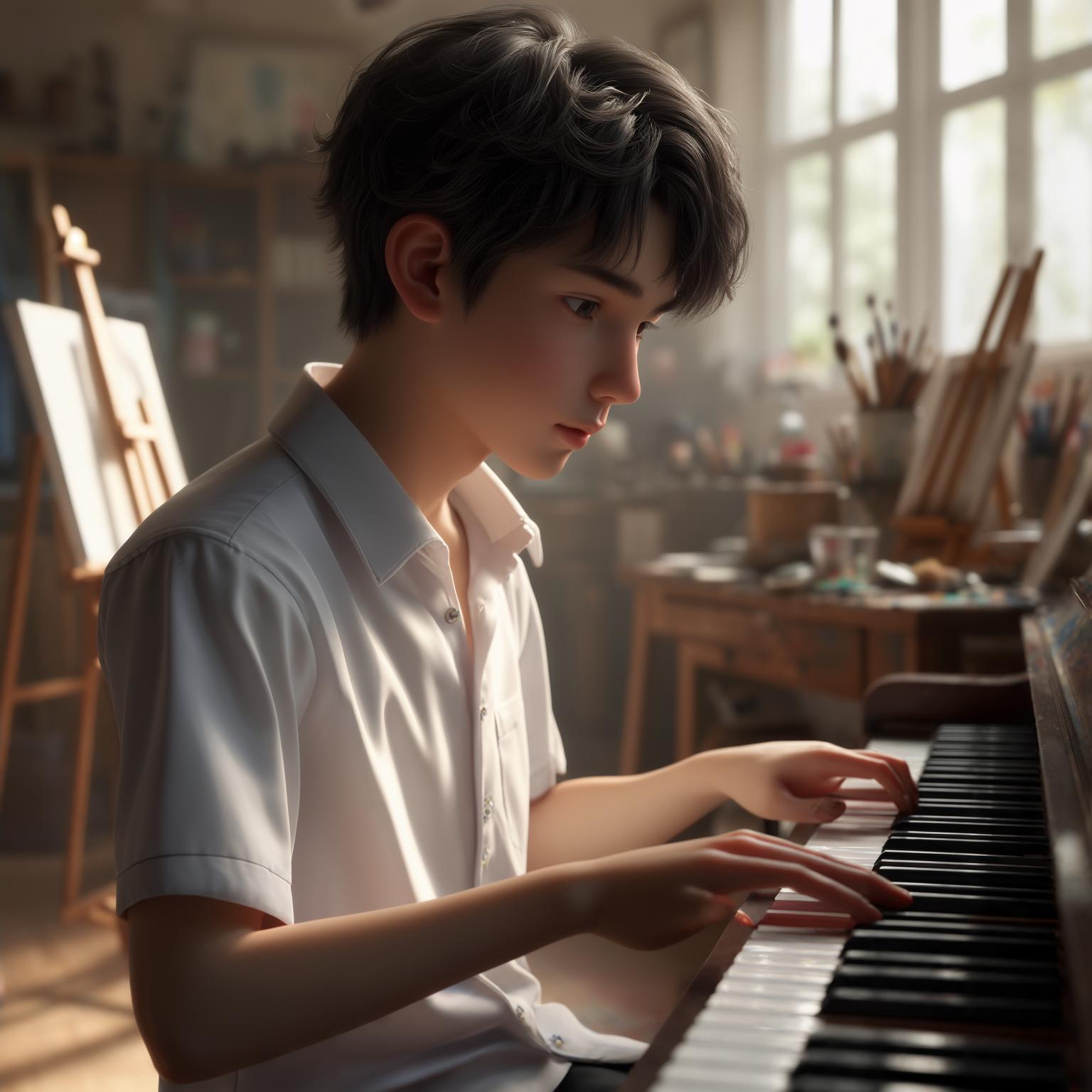AI Image Generated by Luma Photon: 3D rendering style, no text, single face of the character, centered on the left and right. Male student playing piano in the piano room, with a strong artistic atmosphere, wearing a white shirt, senior high school art student image