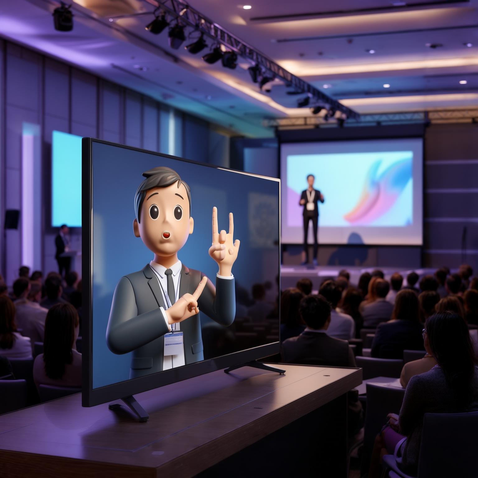 AI Image Generated by Luma Photon: 
a 3D avatar doing american sign language on a TV screen (no words on the TV screen) at a public conference with a speaker on the stage