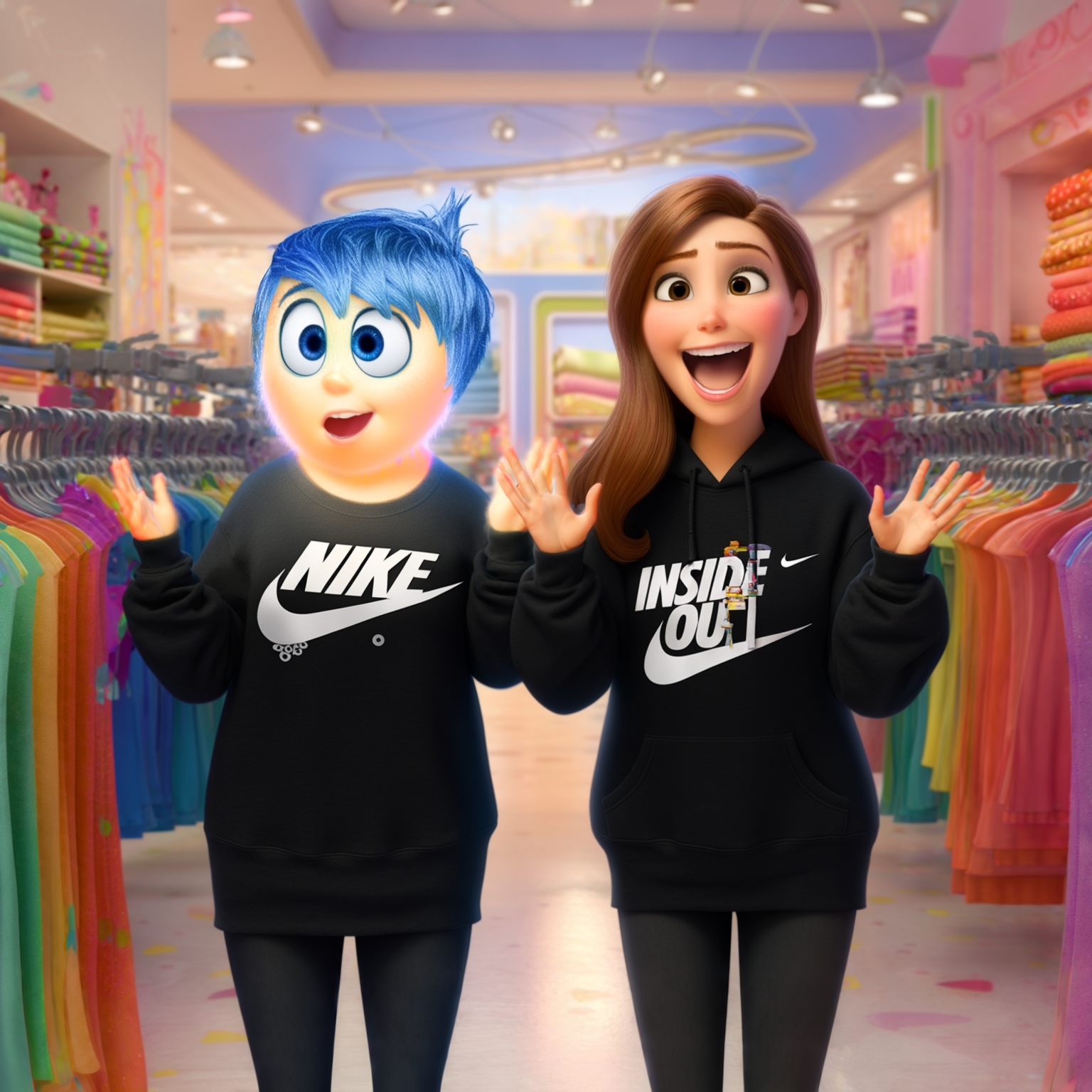 AI Image Generated by Luma Photon: Two lesbians Bree Young long sweat black nike and riley anderson long sweat black nike and cloth shopping clothe drawing Disney Inside Out cgi