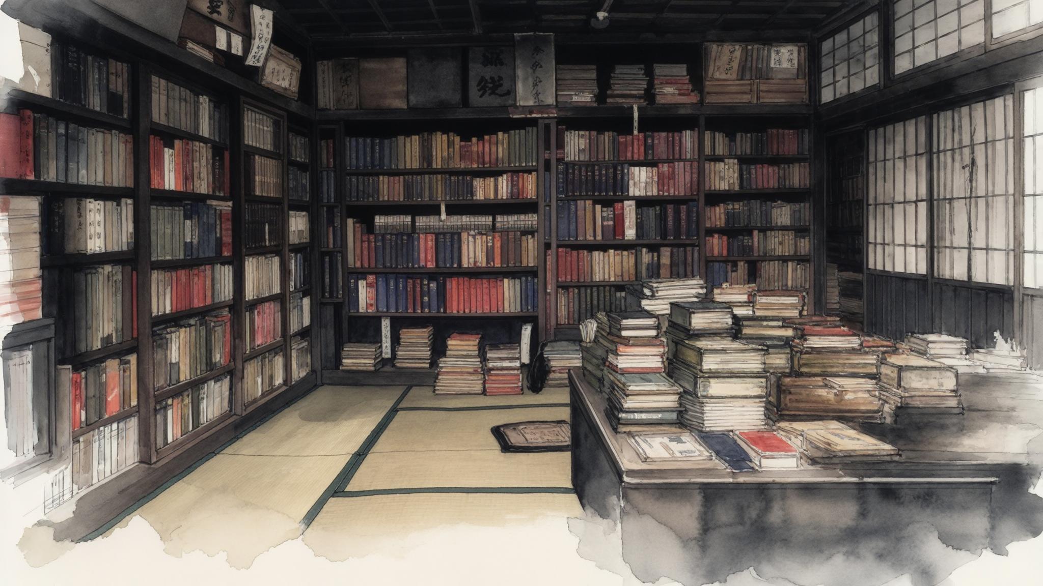 AI Image Generated by Luma Photon: Japan, second half of the 19th century. The Boshin War is underway. The Geisha school in Kyoto. View of shelves with books in the library.. Watercolor style, all objects in dark tones.  For some parts use colors: #92011A, #3D6E3E, #013857, #FFE0DF