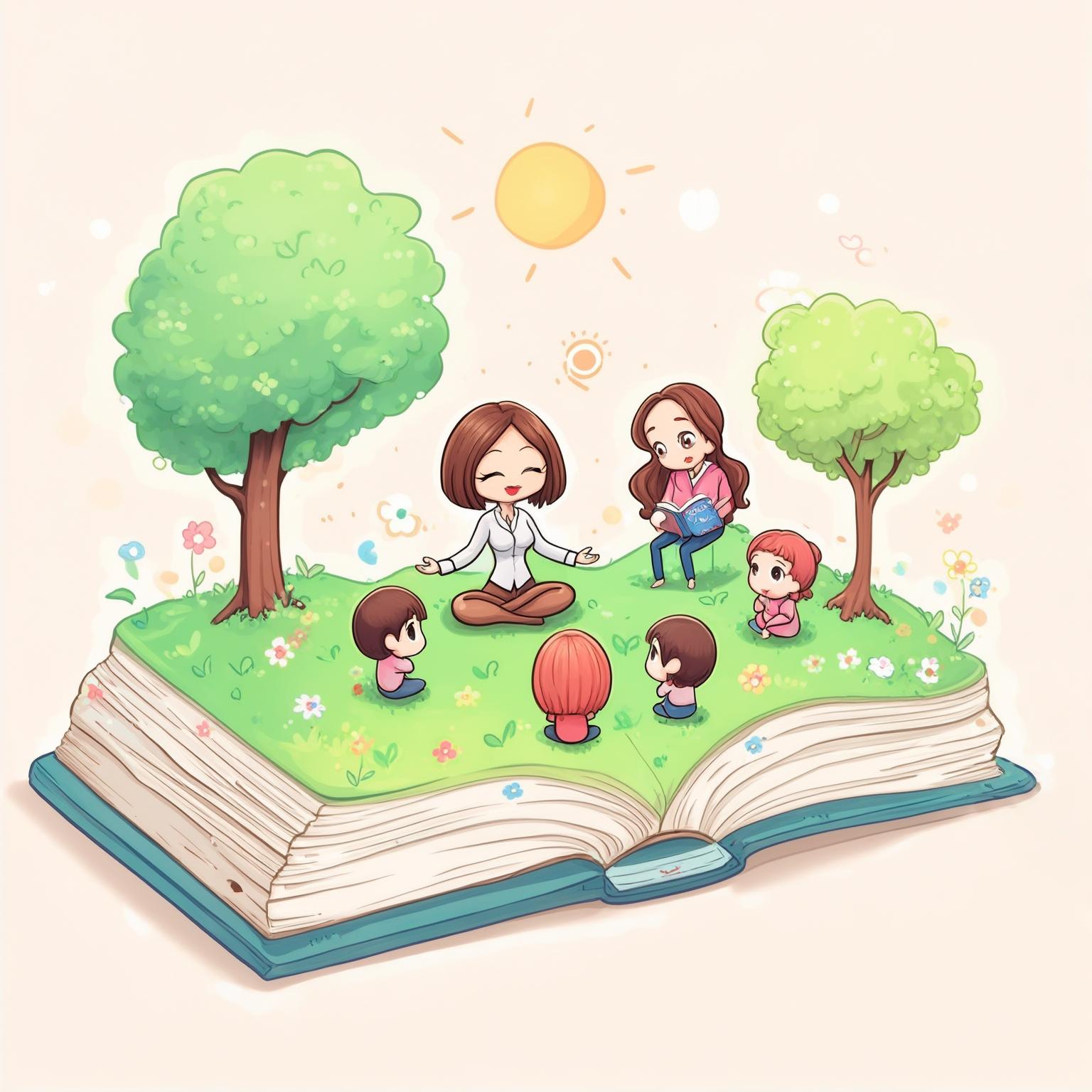 AI Image Generated by Luma Photon: An open book with trees and grass. A teacher is telling a story to three children. chibi style