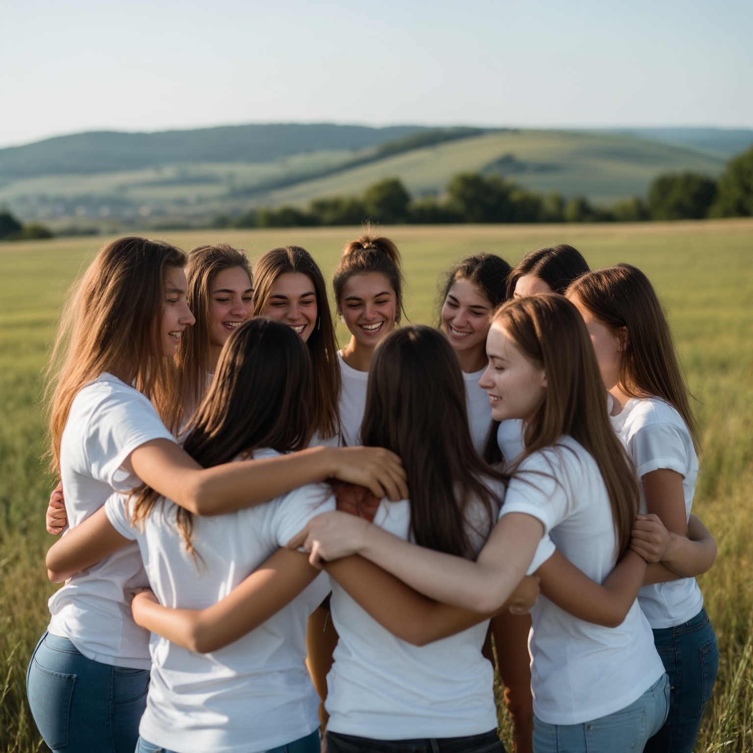 AI Image Generated by Luma Photon: All crown lesbians 18 year old European from around the world in white t-shirts formed circlecircle hug