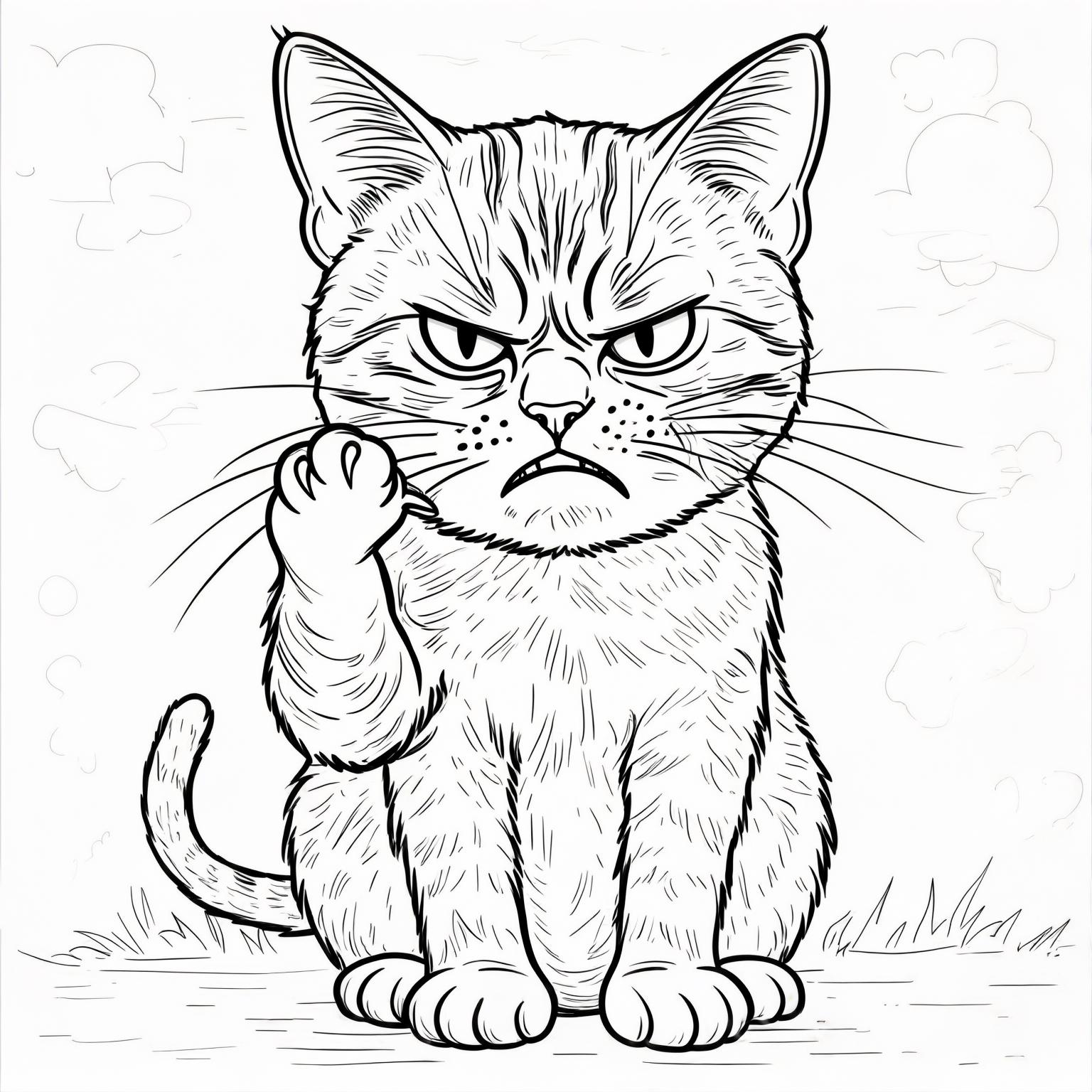 AI Image Generated by Luma Photon: a realistic flat kids coloring page of a cat using its claws to flip you off, with its middle claw, as it looks at you with hatred