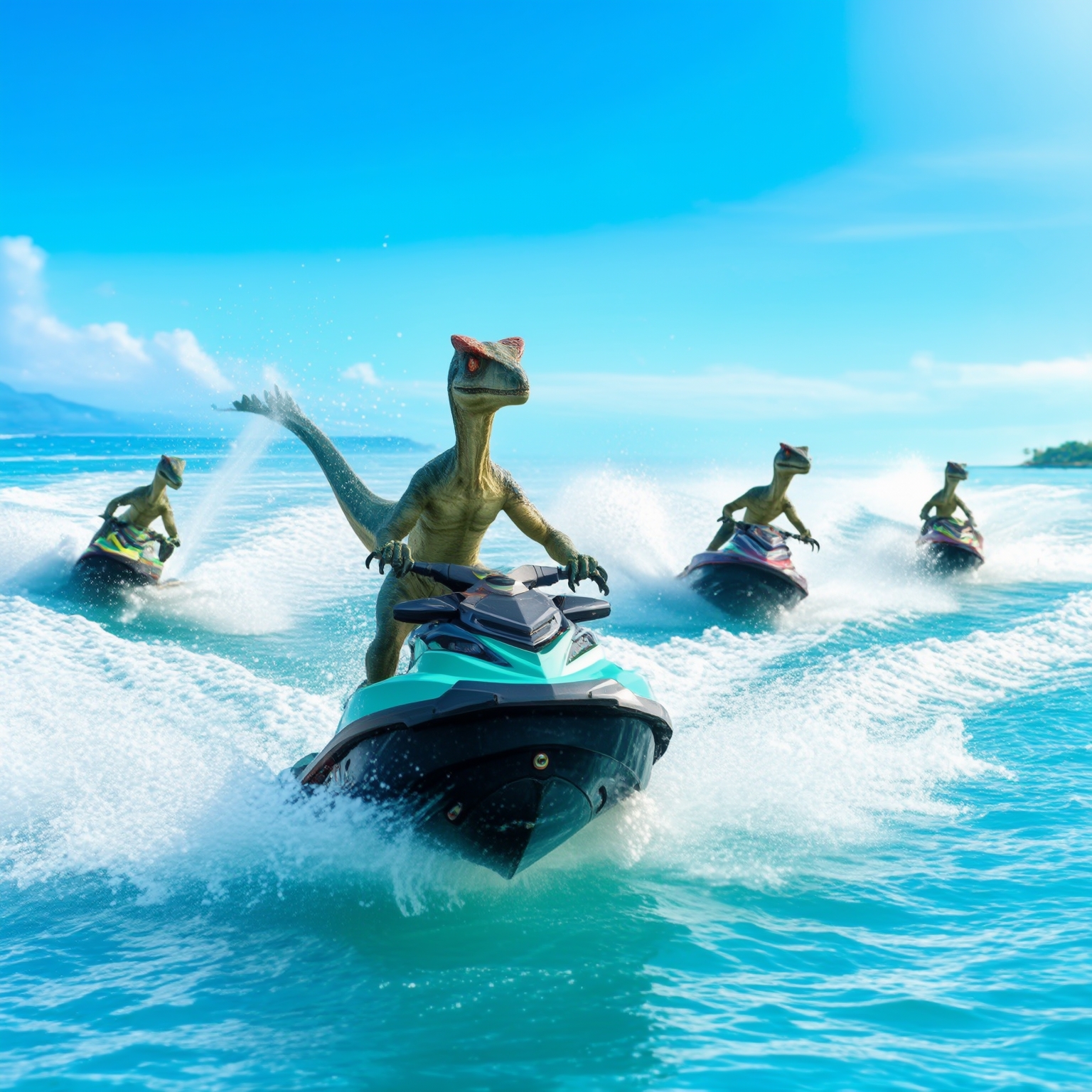 AI Image Generated by Luma Photon: happy velociraptors riding jet skis