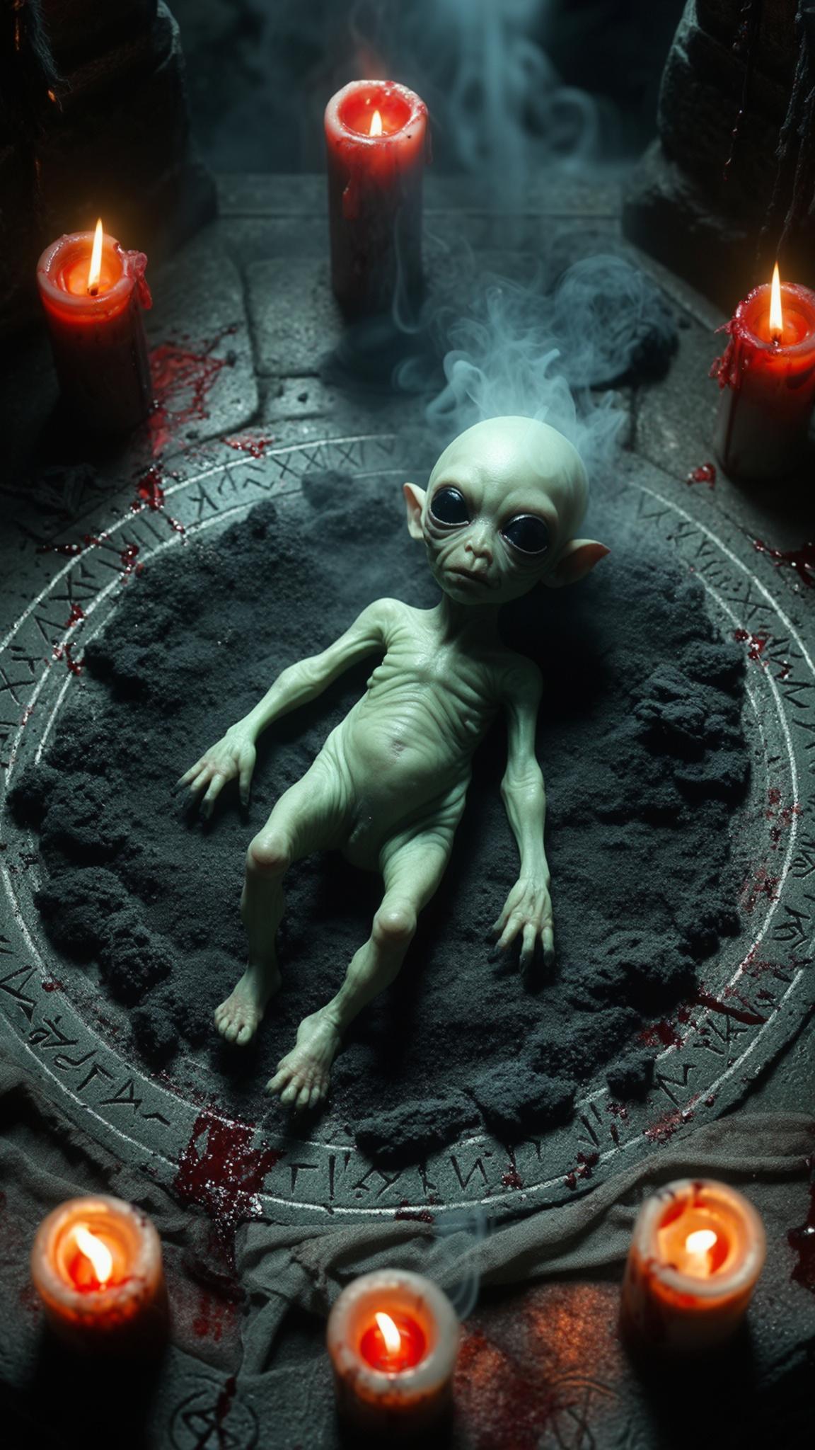 AI Image Generated by Luma Photon: Inside a candle-lit ritual chamber, a pale green small, fetus-like creature lies in a circle of ash. Black-eyed, shriveled limbs, silent expression. Blood-soaked cloth and ancient runes surround it. The air is thick with smoke, tension, and dark energy.