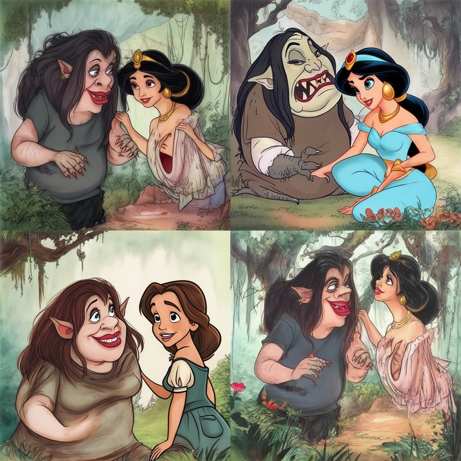 AI Image Generated by Luma Photon: Two lesbians in t-shirts gray and princess jasmine being whit Mouth Monster nice ogress and princess snow white whit mouth monster nice ogress drawing Disney 1937s that both 