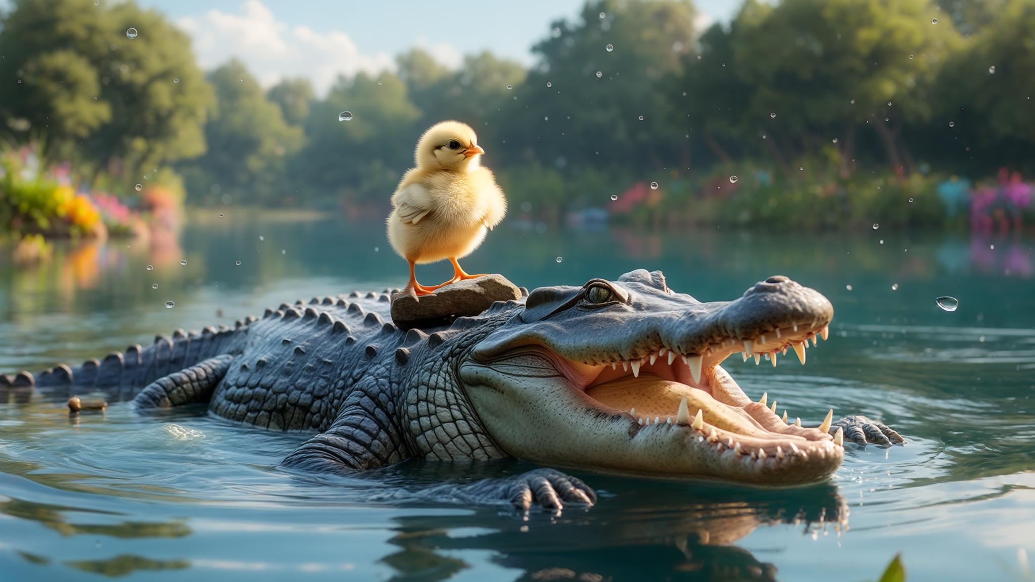 AI Image Generated by Luma Photon: A large, angry chick holds a medium-sized rock tightly against its
chest with its wings, standing on top of a massive crocodile in a
serene lake. The chick appears furious, with its wings wrapped tightly
around the rock. The crocodile, lying in the water, raises its head
slightly, opening its massive mouth in a threatening posture, with
sharp teeth clearly visible. Surrounding the chick and the crocodile
is a magical natural scene, with a calm blue lake reflecting the clear
sky, dense green trees, and colorful flowers adorning the shores. The
entire environment is mirrored on the water’s surface, adding a
cinematic atmosphere to the scene. Soft natural light highlights the
dramatic moment, with water droplets scattered in the air, and
realistic textures of fur and light ripples on the water. The image is
captured in high resolution, with precise photographic details such as
light reflections and water effects on both the chick and the
crocodile