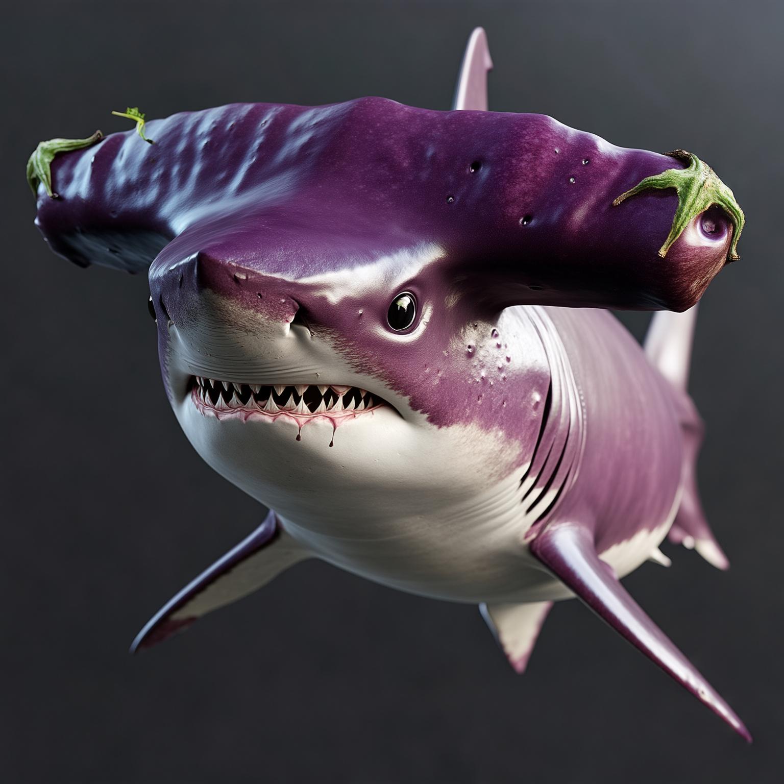 AI Image Generated by Luma Photon: A captivating and conceptual 3D render of an imposing hammerhead shark, artfully crafted from animal cells and imaginatively reimagined with elements of an eggplant. The shark's broad head is designed to capture the rich purple hue and glossy texture of the eggplant, with each detail paying homage to the vegetable's natural beauty. The sleek and streamlined body of the shark is illuminated by soft, natural light, showcasing the depth and realism of the structure. The vibrant colors and textures harmoniously blend the organic elegance of both the hammerhead shark and the eggplant, resulting in a stunning and thought-provoking masterpiece.