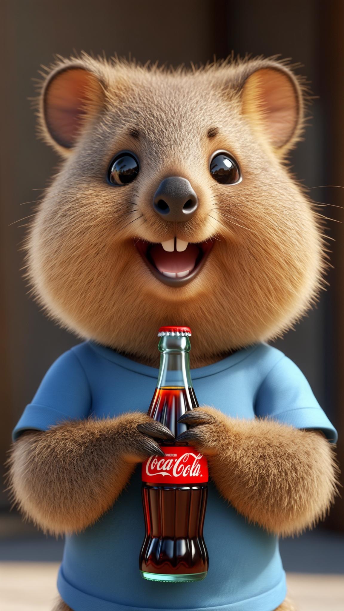 AI Image Generated by Luma Photon: A realistic yet cute and chubby quokka with a human-like form, designed in a high-quality 3D animation style. The quokka has a round, fluffy body with soft, natural fur texture, big bright eyes, and a wide, joyful smile. It is wearing a simple blue t-shirt, adding a casual and adorable touch. The quokka is holding a clean, label-free cola bottle with both paws, looking extremely happy and cheerful. The background is simple and natural, with warm, soft lighting enhancing the playful and friendly atmosphere. The overall scene is detailed, with high-quality rendering and expressive character design, capturing a heartwarming and lively moment.