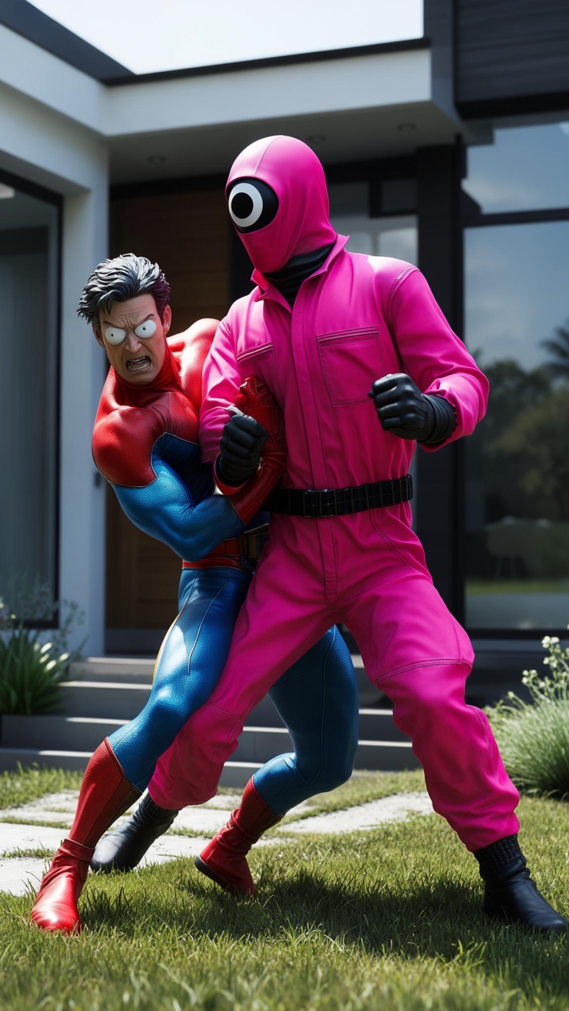 AI Image Generated by Luma Photon: A highly detailed and realistic 3D rendering. Bright white light without any warm undertones, high contrast colors.

Spider-Man struggles as a masked guard in a bright pink hooded jumpsuit drags him forward across the modern house’s front yard. The jumpsuit is full-body, covering the guard from neck to ankles, with a black belt at the waist, black gloves, and a black mask. On the front of the mask, a single large white circle stands out, resembling an eye-like symbol.

Spider-Man’s red and blue suit is slightly wrinkled, his body twisting in resistance. His white eye lenses are wide, his free hand clenched into a fist as he tries to pull away. The guard’s grip is unrelenting, their rigid posture making them appear eerily mechanical. The modern house looms in the background, its glass windows reflecting the bright sunlight, while patches of grass are disturbed by the struggle. The cinematic lighting casts sharp highlights and deep shadows, amplifying the scene’s intensity.