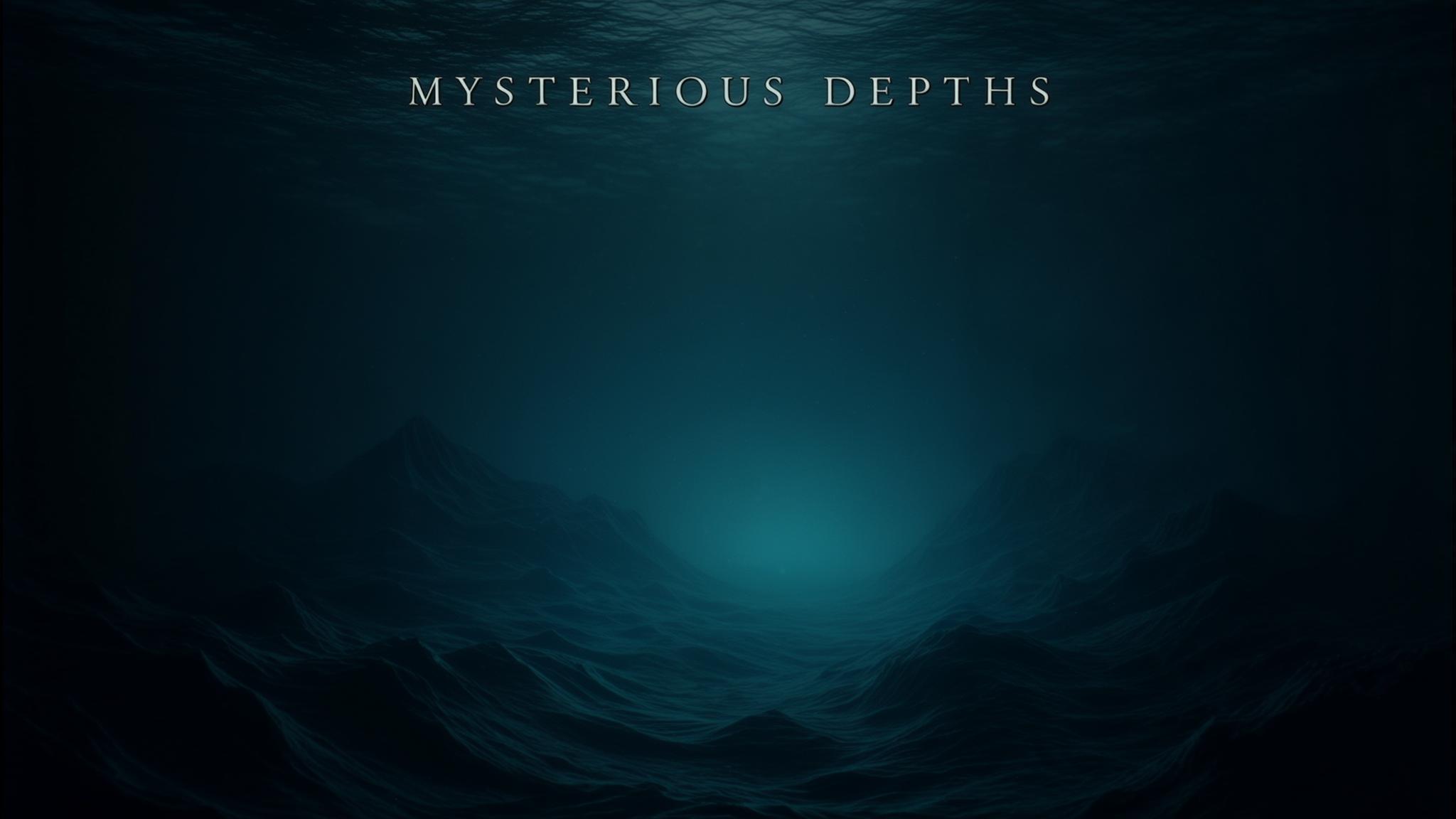 AI Image Generated by Luma Photon: A cinematic underwater stock photo capturing the haunting stillness beneath a vast, stormy ocean shrouded in total darkness—enormous shadowy waves loom overhead as the camera drifts through cold, ancient depths—lit only by a faint, ghostly blue glow pulsing from below, casting soft, eerie highlights on the shifting currents; composed with a deep perspective and shallow depth of field, the image is graded in cool, film-like tones that evoke a sense of primordial mystery and silent, unseen forces stirring in the abyss.