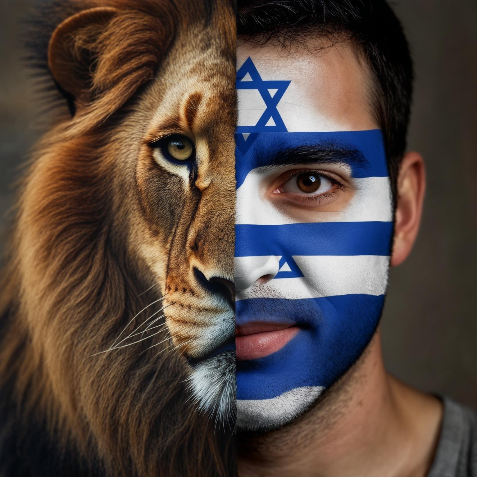 AI Image Generated by Luma Photon: (Masterpiece:1.3), (High Quality), (8K, 4K), (Intricate Details), Hyper-Realistic, cinematic lighting. An ultra-high-quality photorealistic image featuring hybrid interiors: The half-face of a majestic and vicious lion is particularly impressive with a rich and luxurious mane, piercing eyes and precise details in fur and facial features. The other half is the fully human face of a normal 30-year-old man with short, dark hair and brown eyes. The man’s face is covered with the exact makeup of the Israeli flag – blue and white stripes with a Star of David in the center, the makeup looks realistic. The transition between the two halves of the interior is smooth and artistic but also realistic. The combined facial expression should be powerful and exciting, with a sense of pride and strength. Dramatic lighting emphasizes the contrast between the two halves of the interior and creates an impressive atmosphere. The background should be neutral but impressive, in order to highlight the central character