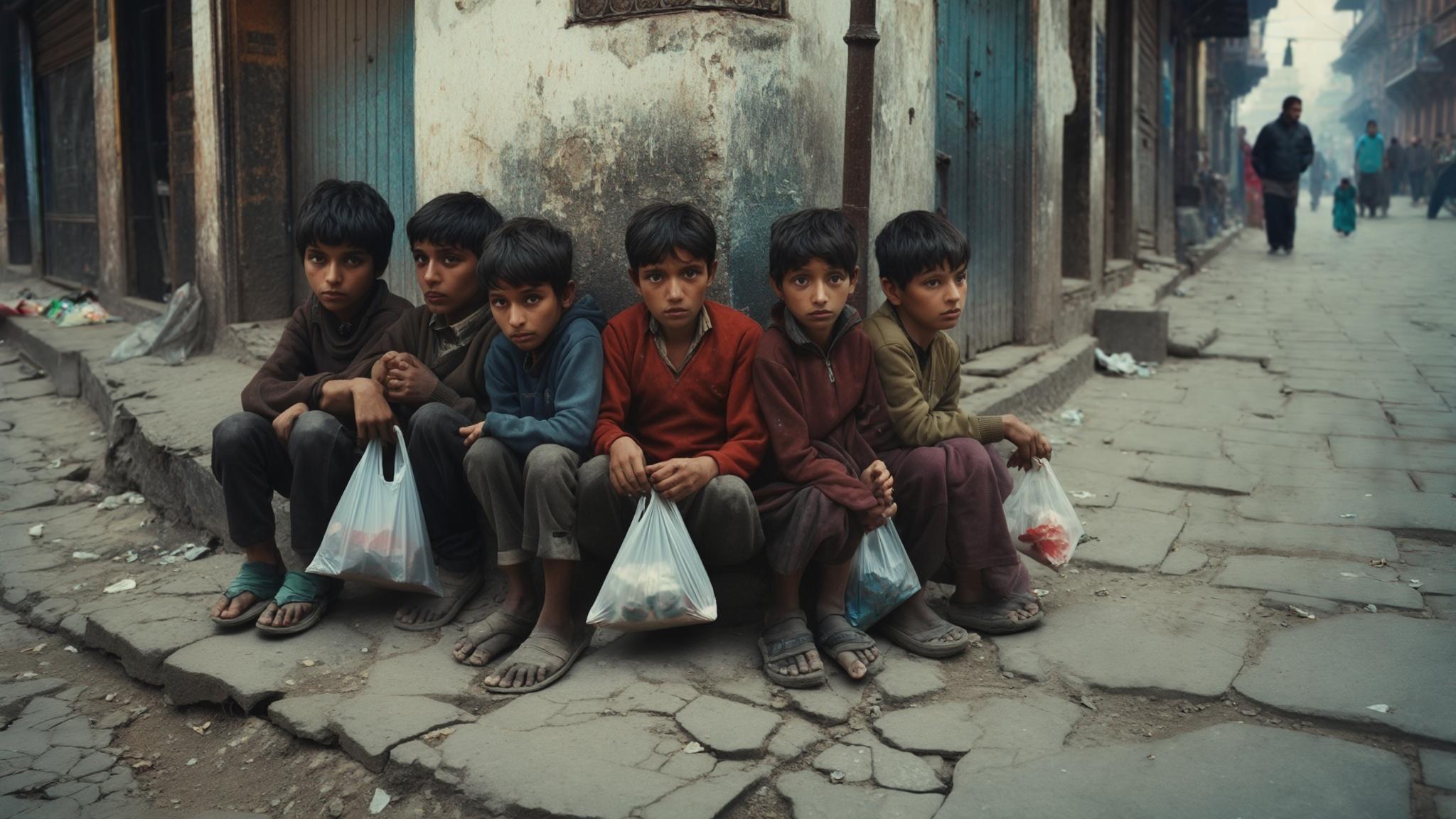 AI Image Generated by Luma Photon: Location is a street in Kathmandu, e few street boys sitting in a corner of a sidewalk and sniffing glue from plastics.