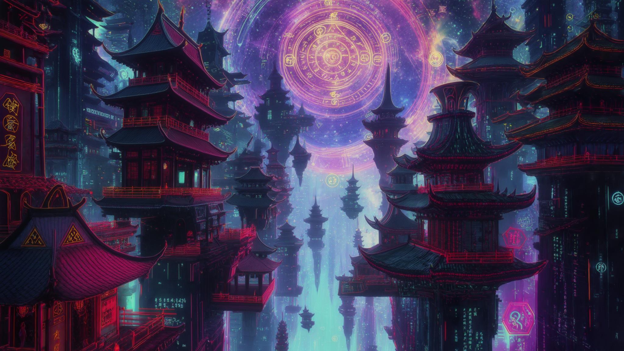 AI Image Generated by Luma Photon: An endless interdimensional metropolis suspended in the cosmic void, where spirits of ancient wisdom and modern rebellion coexist. The air pulses with the fusion of psychedelic blues rock and the raw energy of grime and horror. Towering neon temples radiate cryptic sigils, their architecture a surreal mix of gothic, and Taoist influences. Ethereal figures glide through shadowy alleys and floating platforms, engaged in a dance of light and darkness. The sky is a swirling abyss of colors and celestial bodies, whispering the echoes of forgotten knowledge and cosmic harmony.