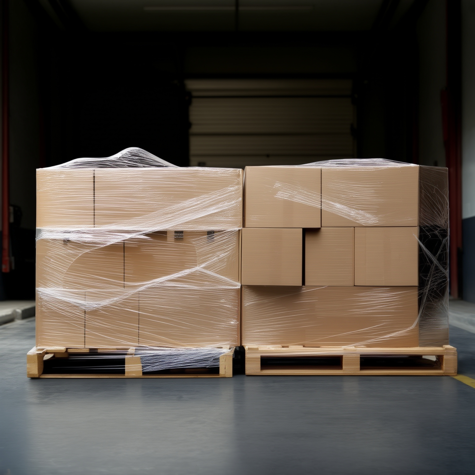 AI Image Generated by Luma Photon: three pallets of boxes side-by-side, still bundled up, at a loading dock