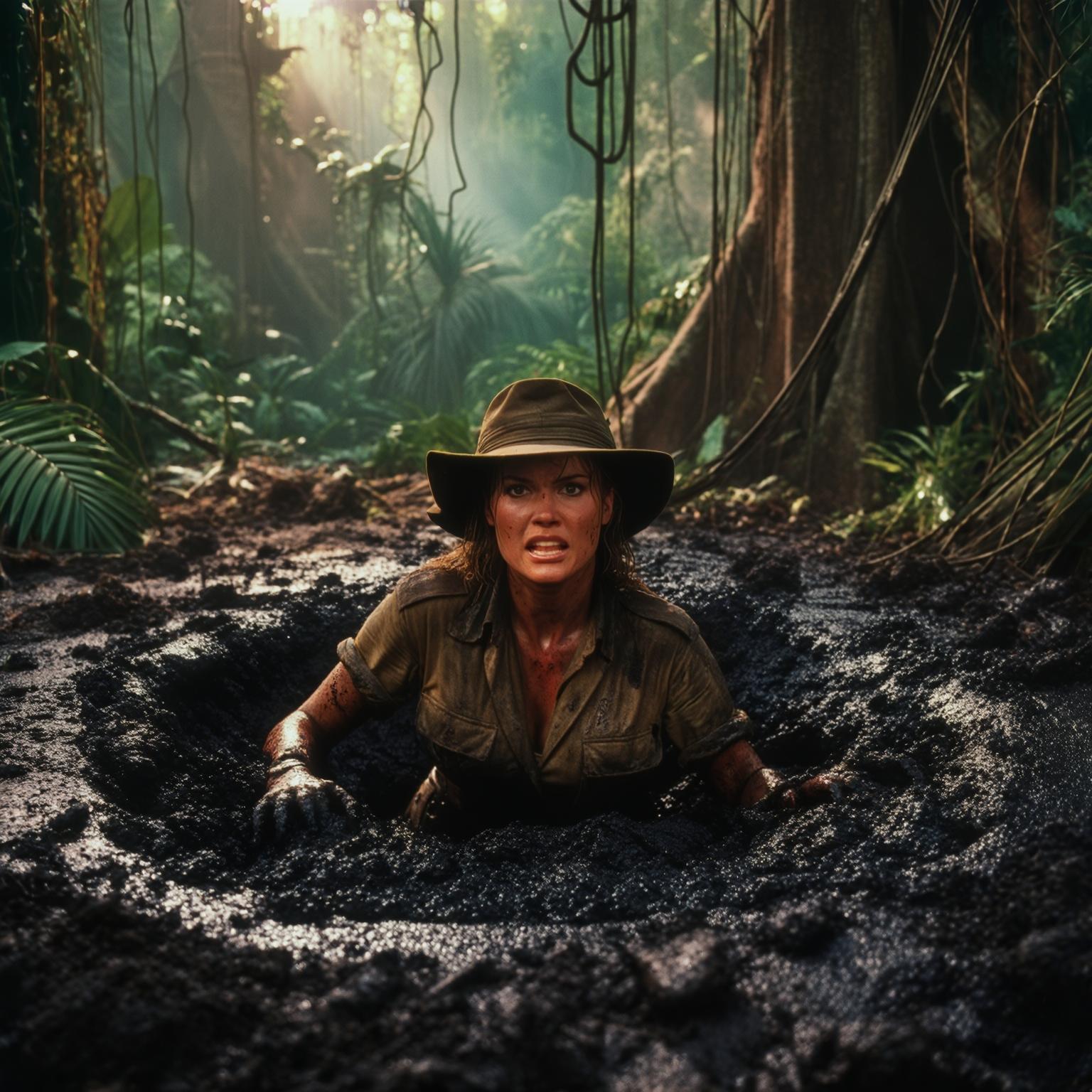 AI Image Generated by Luma Photon: vintage movie still from 1990, an explorer woman. She is stuck in a vast pit of oozing black mud in a jungle
