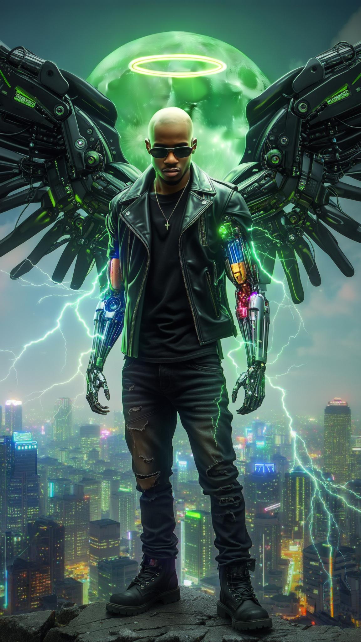 AI Image Generated by Luma Photon: Camera at 45-degree. A bald Dominican young man with a glowing halo floating above his head standing in the street in a sprawling futuristic cityscape, the neon glow of cybernetic advancements illuminating the skyline. He wears a black leather jacket that is torn, black jeans, and heavy black boots, cybernetic arms, his stance unwavering against the pre-dawn breeze. His sleek sunglasses reflect the distant shimmer of autonomous drones patrolling the metropolis. Attached to his back are two massive cybernetic mecha wings, colored in sleek black and vibrant green, their intricate mechanisms pulsating with energy. Electricity crackles around his wings, arcing across his enhanced frame like a living storm, showcasing the raw power of his cybernetic augmentations. Neon lights are pulsating throughout the city below. A big green moon directly behind subject. Rendered in hyper-realistic 8K, utilizing Unreal Engine-quality graphics