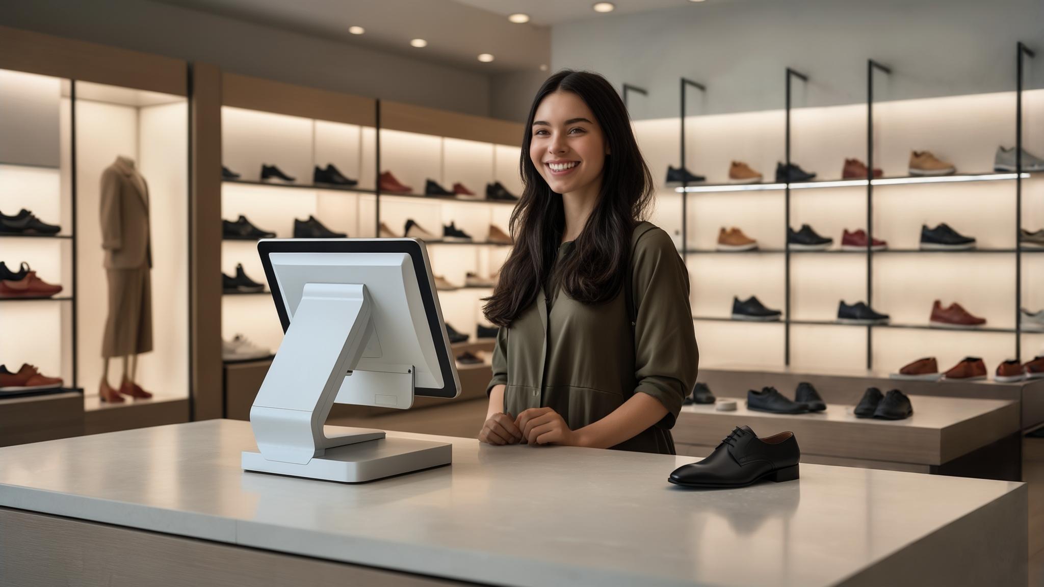 AI Image Generated by Luma Photon: A Shoe store scene, A Modern POS system on the counter. A cute woman with long, dark hair wearing olive outfit, stands behind the counter. The store features an organized layout and minimalist color look.
