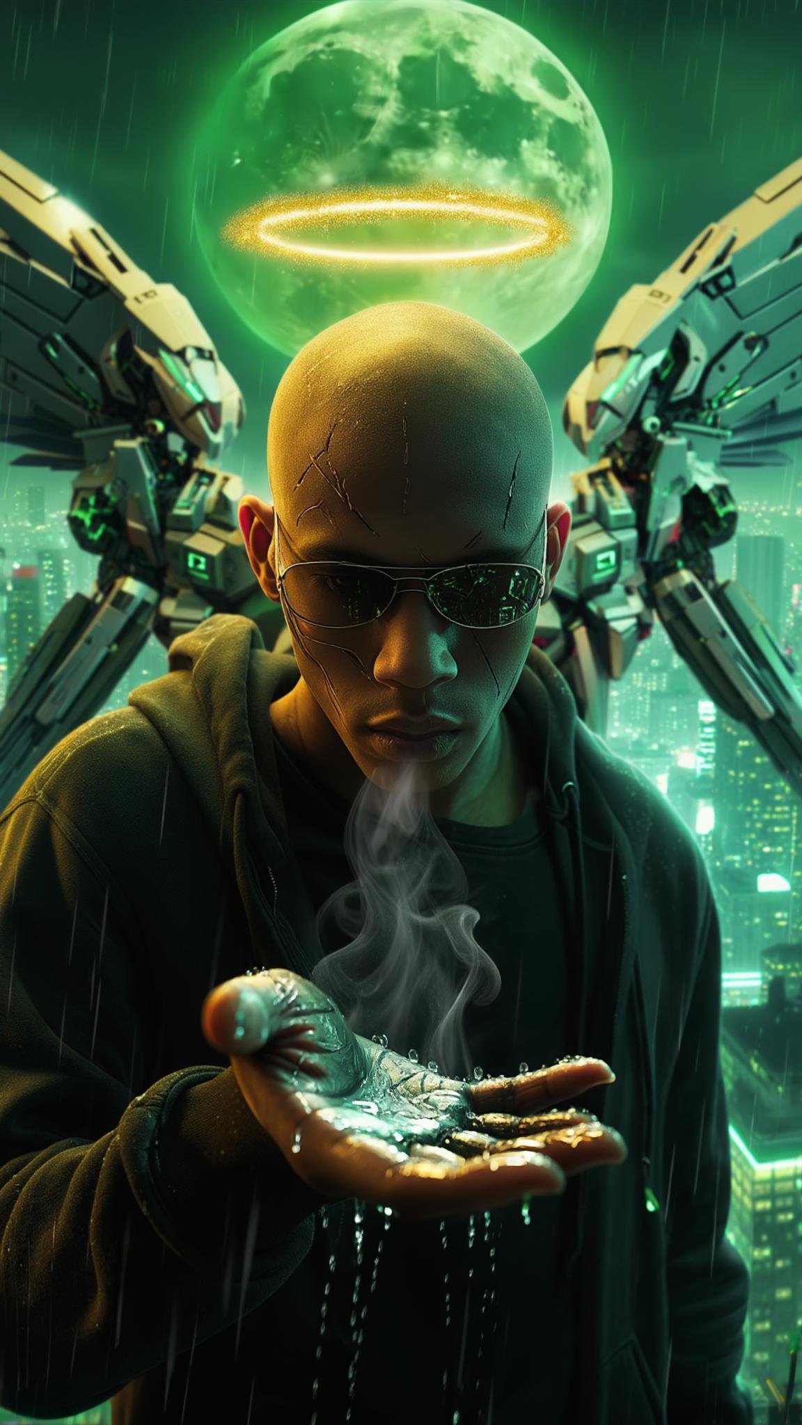 AI Image Generated by Luma Photon: A cinematic close-up captures a bald Dominican young man standing motionless in the heart of a sprawling futuristic cityscape. The golden glow of a floating halo above his head softly illuminates his cybernetically enhanced face, highlighting deep scars that tell a story of survival. His sleek sunglasses rest low on his nose, revealing sharp, contemplative eyes as he gazes into his open palm. Raindrops sizzle against his cybernetic fingers, steam rising as faint arcs of electricity dance across his metallic limbs. His massive Gundam-style mecha wings remain folded behind him, pulsating with neon green energy, their intricate mechanisms subtly shifting with each breath he takes. The city hums around him—ships patrol the sky, their distant lights flickering in the reflection of his palm. The camera lingers on the moment, capturing every detail in hyper-realistic 8K with Unreal Engine-quality visuals. The neon skyline pulses in slow rhythm, a hypnotic dance of color and light, while a massive green moon looms overhead, casting an ethereal glow across the scene. The world seems to pause with him, the weight of destiny resting in his grasp.
