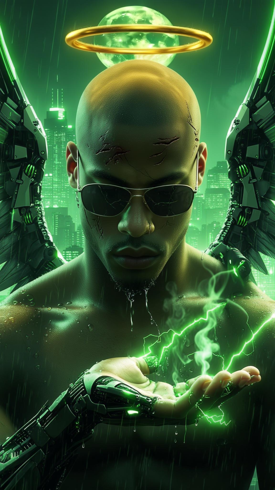 AI Image Generated by Luma Photon: A cinematic close-up captures a bald Dominican young man standing motionless in the heart of a sprawling futuristic cityscape. The golden glow of a floating halo above his head softly illuminates his cybernetically enhanced face, highlighting deep scars that tell a story of survival. His sleek sunglasses rest low on his nose, revealing sharp, contemplative eyes as he gazes into his open palm radiating with green electricity. Raindrops sizzle against his cybernetic fingers, steam rising as faint arcs of electricity dance across his metallic limbs. His massive Gundam-style mecha wings remain folded behind him, pulsating with neon green energy, their intricate mechanisms subtly shifting with each breath he takes. The city hums around him—ships patrol the sky, their distant lights flickering in the reflection of his palm. The camera lingers on the moment, capturing every detail in hyper-realistic 8K with Unreal Engine-quality visuals. The neon skyline pulses in slow rhythm, a hypnotic dance of color and light, while a massive green moon looms overhead, casting an ethereal glow across the scene. The world seems to pause with him, the weight of destiny resting in his grasp.