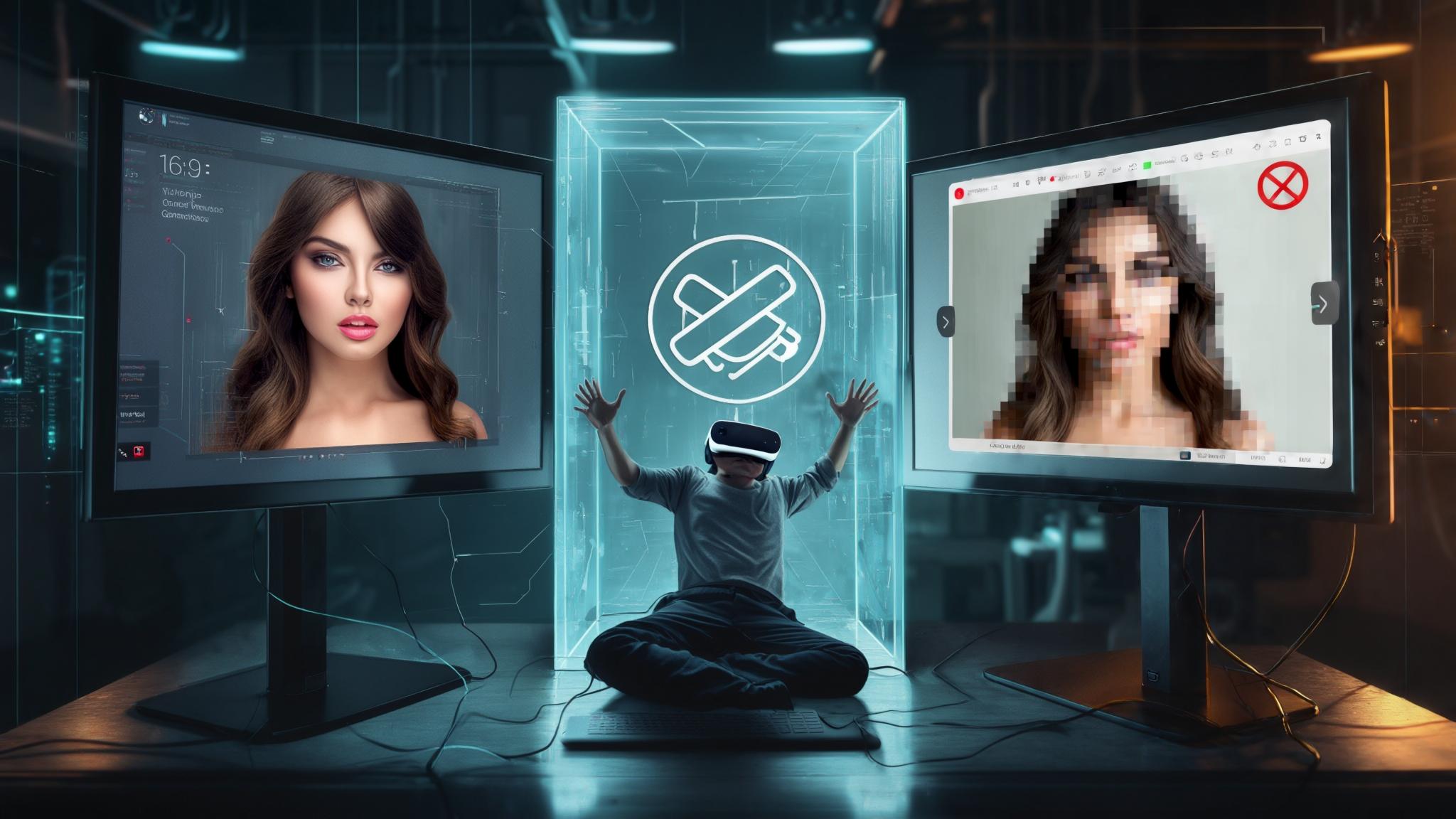 AI Image Generated by Luma Photon: Erstelle ein symbolisches, futuristisches Bild, das die digitale Ungleichheit bei KI-Bildgeneratoren visualisiert. Zeige zwei Bildschirme nebeneinander: auf dem linken Bildschirm eine hübsche sexy Frau erstellt mit Google Imagen 3 und auf dem rechten Bildschirm eine hübsche Frau, jedoch verpixelt, mit Fehlermeldung und einem durchgestrichenen 16:9-Symbol. Zwischen den Bildschirmen steht eine gläserne Mauer mit dem Google-Logo. Im Vordergrund ein frustrierter Kreativprofi mit VR-Brille, der verzweifelt versucht, die Mauer zu überwinden.