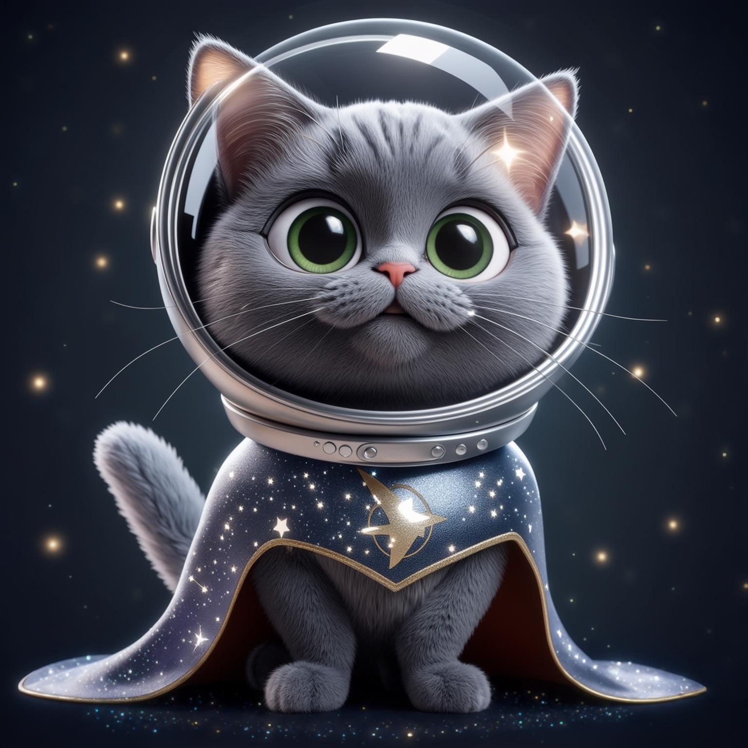 AI Image Generated by Luma Photon: Captain Cosmo is a timeless male cat with a round, fluffy gray face (short gray fur, wide green eyes, tiny whiskers), wearing a shiny silver space helmet and a starry cape that reflects his adventurous spirit. His playful tail-swishing expresses his unique presence. Animation style: DISNEY 3D PIXAR. In this scene, he is posing heroically in a close-up setting, enhanced by soft glowing lighting, a whimsical mood, silver and midnight blue tones, DISNEY 3D PIXAR art style