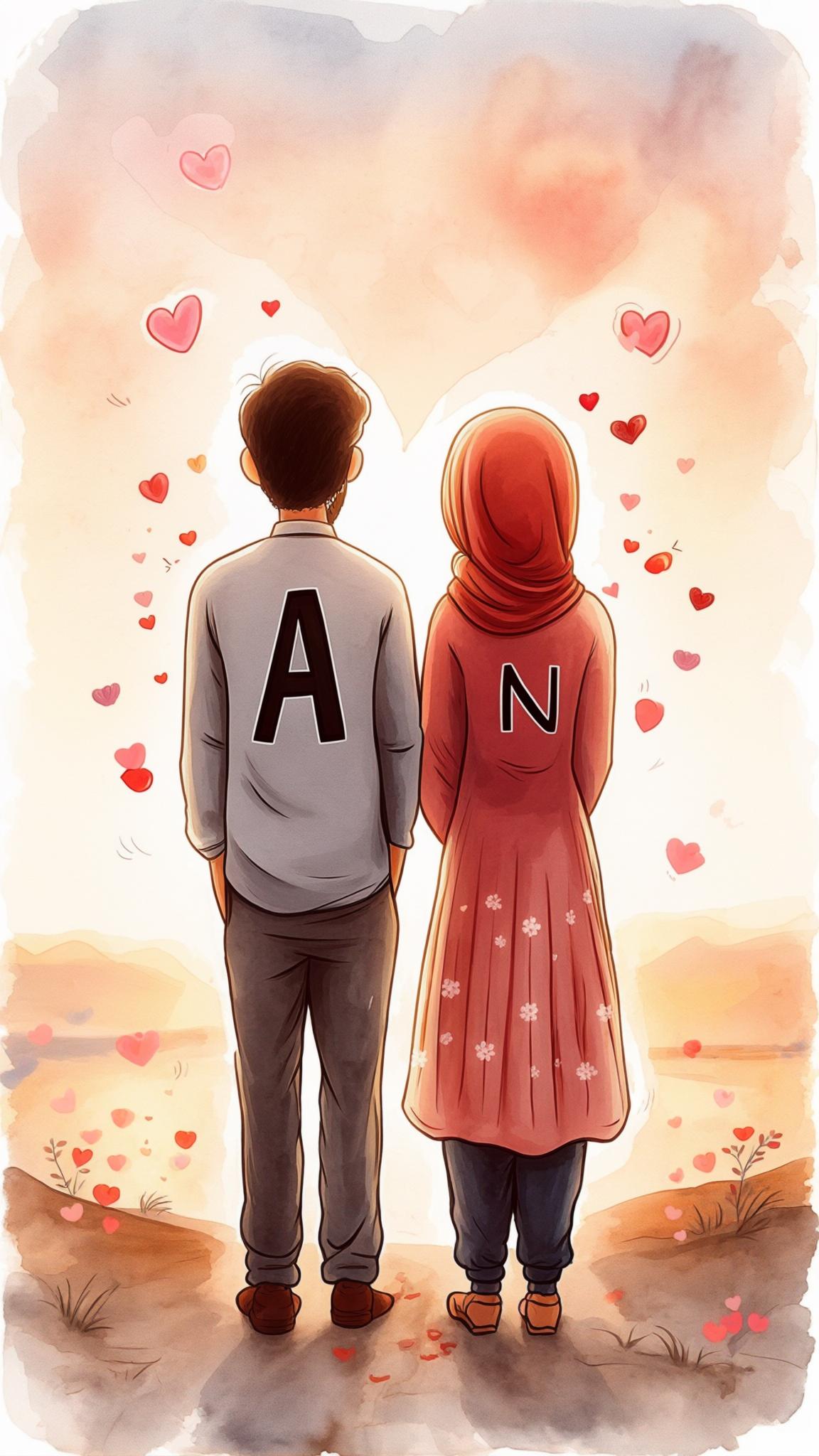 AI Image Generated by Luma Photon: Letter A and N printed on the back of the clothes of Kabul lovers standing side by side facing back to the horizon in a warm romantic atmosphere in cartoon form, letter A printed on the man's clothes, letter N printed on the girl's clothes, with cute romantic visual effects.