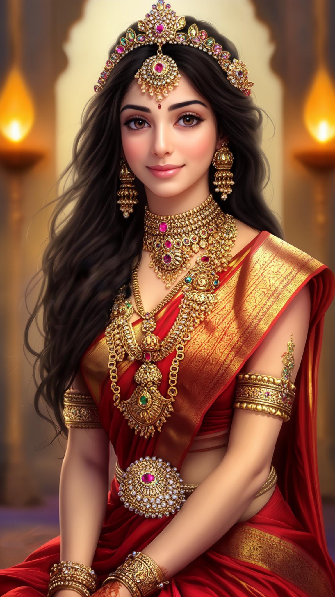 AI Image Generated by Luma Photon: A digital portrait of a young Indian woman, possibly a goddess or a royal figure, in a traditional and opulent setting.  She is seated, facing the viewer with a slight, serene smile. She has fair skin, dark, long flowing hair, and wears elaborate gold jewelry.  The jewelry includes a large, ornate crown (mukut) with gemstone accents, heavy, dangling earrings, a multi-layered necklace, armlets (bajuband), bracelets, and a jeweled belt (kamarband).  Her attire is a richly embroidered, red and gold saree with intricate patterns.  The background is softly blurred but suggests a golden, luxurious interior with some warm, diffused lighting, possibly from traditional lamps.
