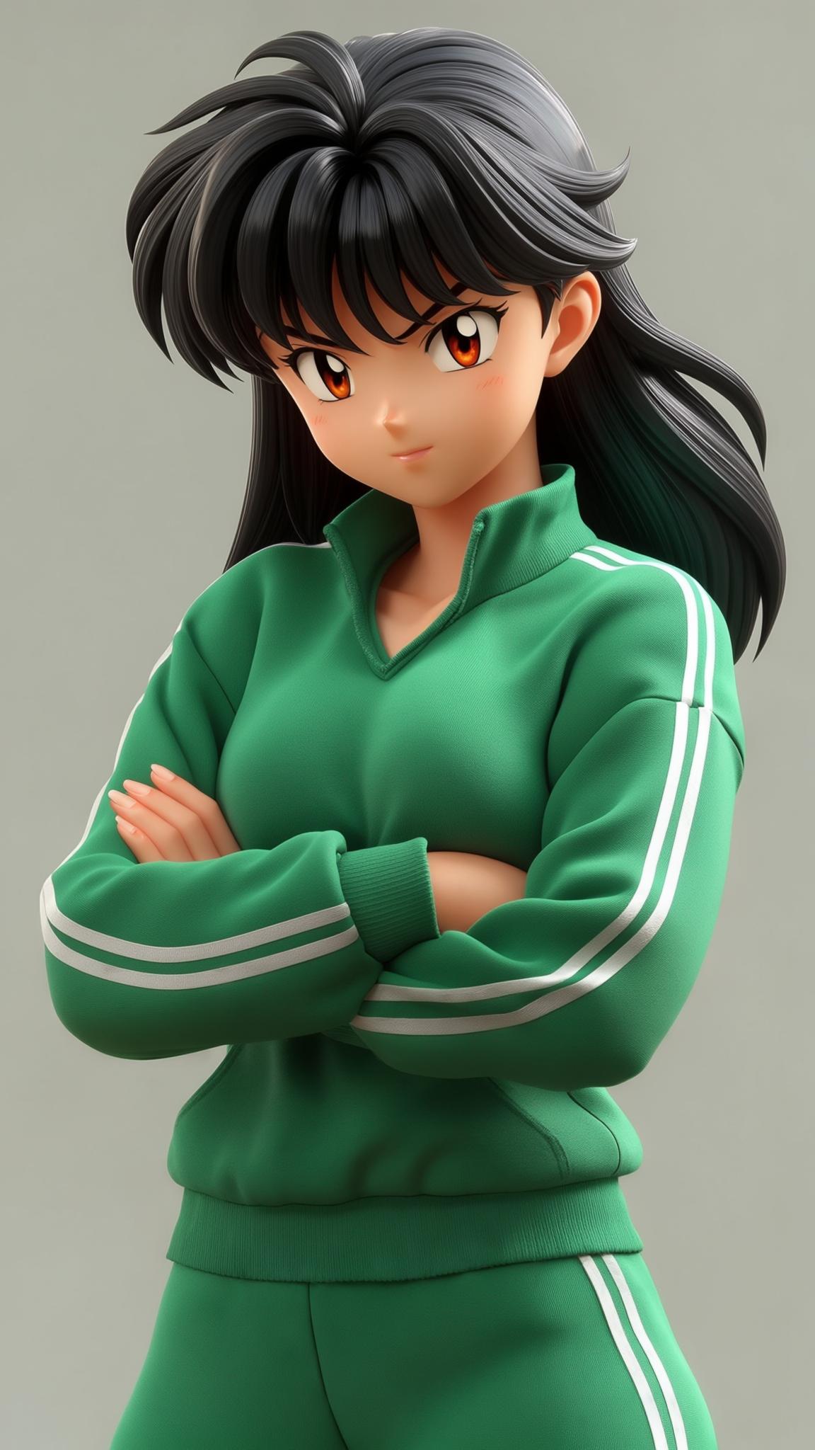 AI Image Generated by Luma Photon: an anti-monster. Inuyasha stands in a green sweatsuit with white stripes. She has bright skin, and her expression is full of confidence. An animated scene with her arms crossed and full of life. 3D animation. Close-up