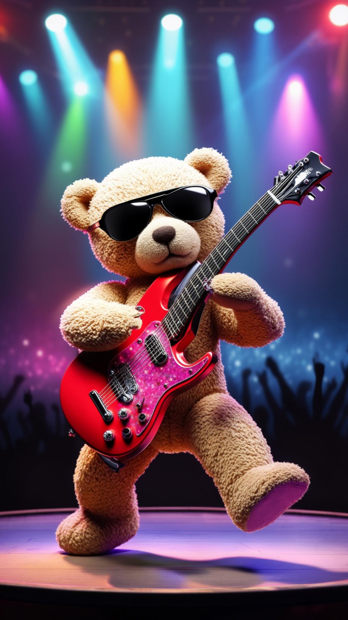 AI Image Generated by Luma Photon: A teddy bear in sunglasses playing electric guitar and dancing