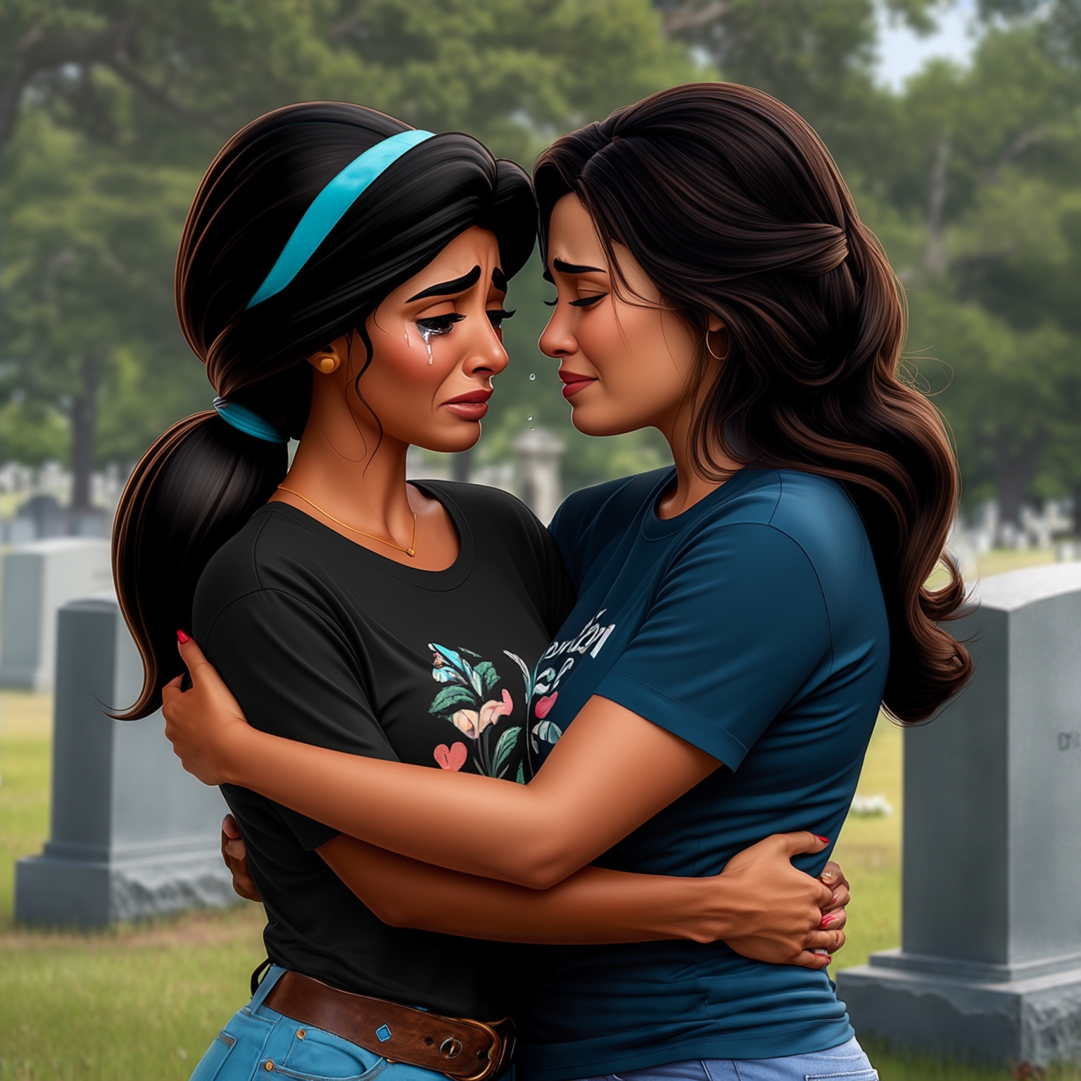 AI Image Generated by Luma Photon: Two Lesbians princess jasmine in t-shirts confort Happy hug stick princess Snow White  in t-shirts black Burst into tears Crying Wail hug the arms princess jasmine rip Parents cemetery funeral styles drawing Disney et cartoon 