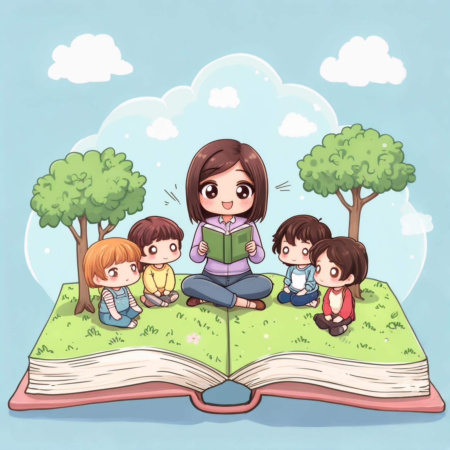 AI Image Generated by Luma Photon: An open book with trees and grass. A teacher is telling a story to three children. chibi style