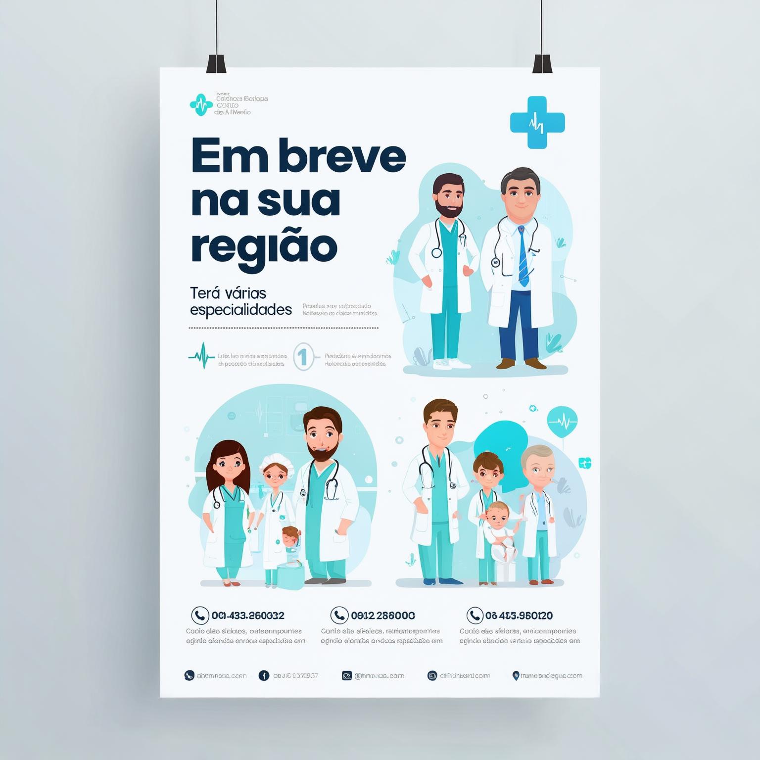 AI Image Generated by Luma Photon: criei um folheto , nele deve conter a informação - em breve na sua região e que terá varias especialidades, insira fotos de medicos tipo desenho.



