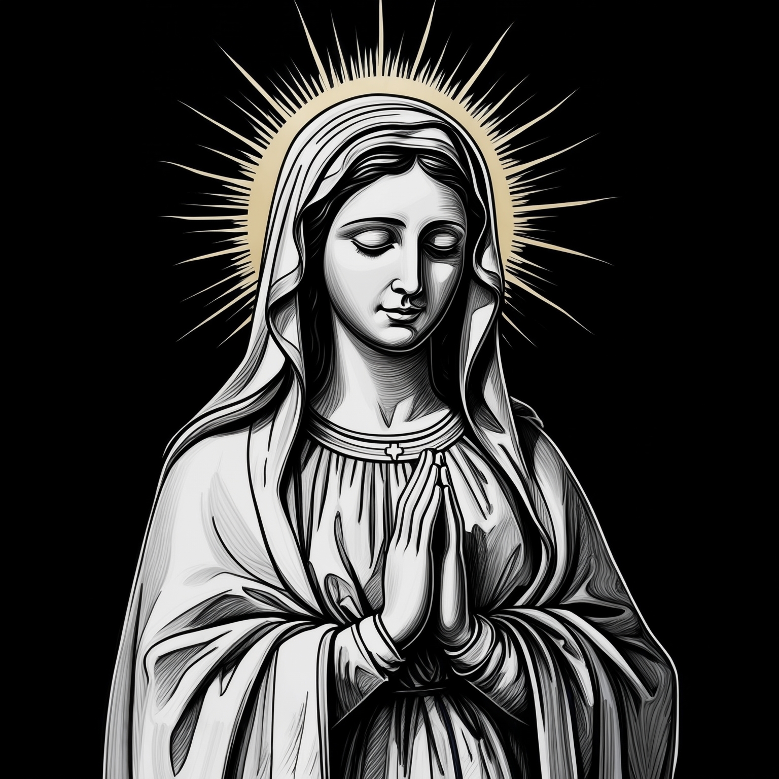 AI Image Generated by Luma Photon: "Crea un boceto de medio cuerpo de la Virgen María, desde la cintura hasta la cabeza, en estilo de ilustración negro y gris, con líneas suaves y fluidas que capturan su pose serena y contemplativa en oración. La imagen debe tener un fondo completamente negro sin adornos ni texturas. La Virgen María debe tener una mirada suavemente cerrada o abatida, transmitiendo una sensación de paz interior y reflexión espiritual. Un halo radiante compuesto por rayos afilados y puntiagudos debe emerger de detrás de su cabeza, agregando una calidad divina y etérea a la imagen. Las manos deben estar unidas en oración, ubicadas en el centro de la composición, lo que atrae la atención del espectador hacia el gesto de devoción. La cabeza debe estar ligeramente inclinada hacia arriba, como si estuviera buscando conexión con lo divino. La figura debe estar envuelta en túnicas fluidas con patrones y texturas intrincados, particularmente en los pliegues de la túnica y los contornos del rostro. La iluminación debe ser dramática, creando fuertes contrastes y resaltando los detalles de la ilustración. El estilo general debe recordar al arte religioso clásico, evocando una sensación de atemporalidad y sacralidad. Utiliza técnicas tradicionales como el lápiz para crear las líneas principales del dibujo y sombreados cuidadosos para dar profundidad a las figuras."