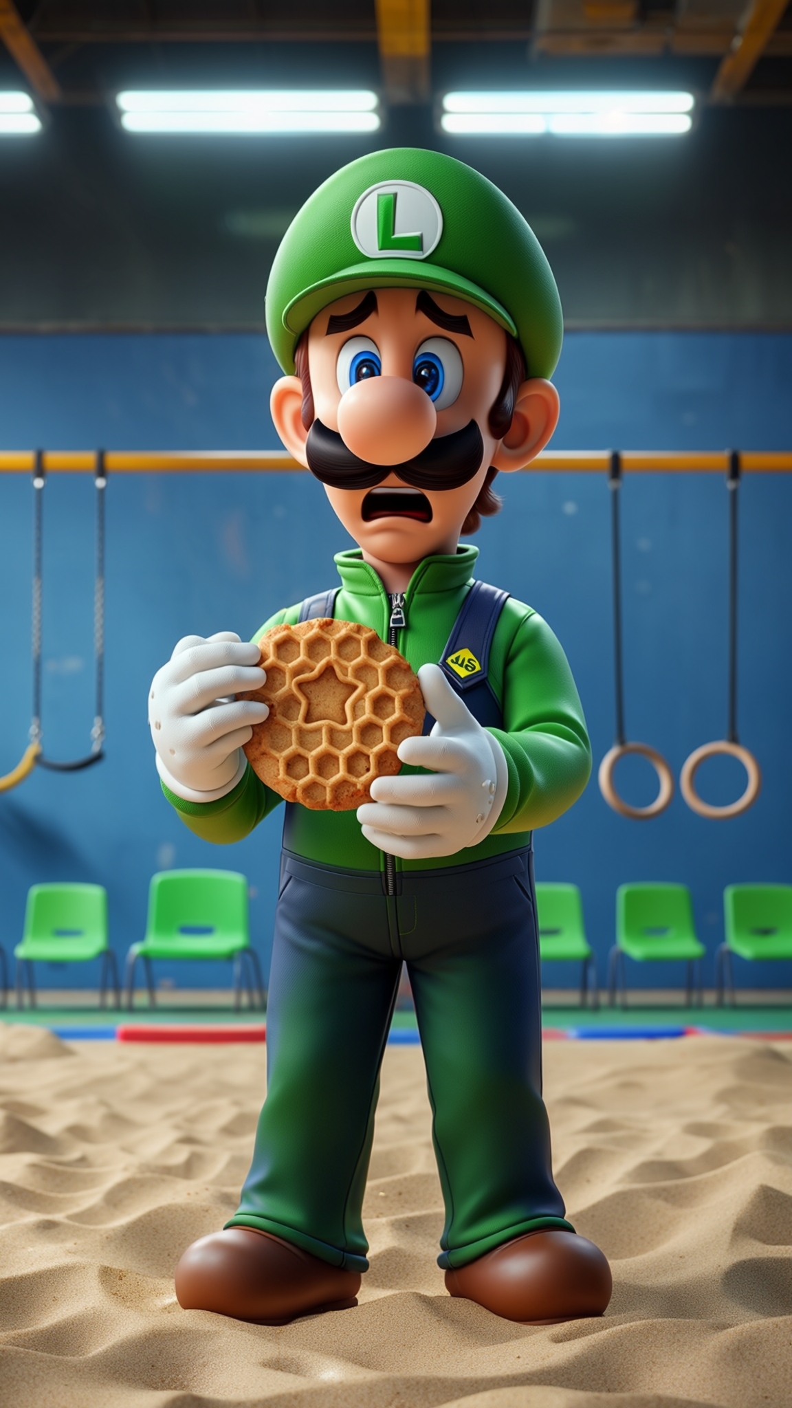 AI Image Generated by Luma Photon: A 3D-rendered digital artwork of Luigi from the Super Mario series, wearing a green Squid Game tracksuit with the number '456' on his cap. He is standing in a sandy playground, holding a honeycomb dalgona cookie with a star shape imprinted on it. His facial expression shows shock and concern as he carefully examines the cookie. The background features a blue indoor gymnasium with swings, gymnastic rings hanging from the ceiling, and green chairs lined up against the wall. The lighting is bright and industrial, with overhead fluorescent lights casting a glow over the scene. The image has a high level of detail, especially in the textures of the sand, clothing, and cookie."