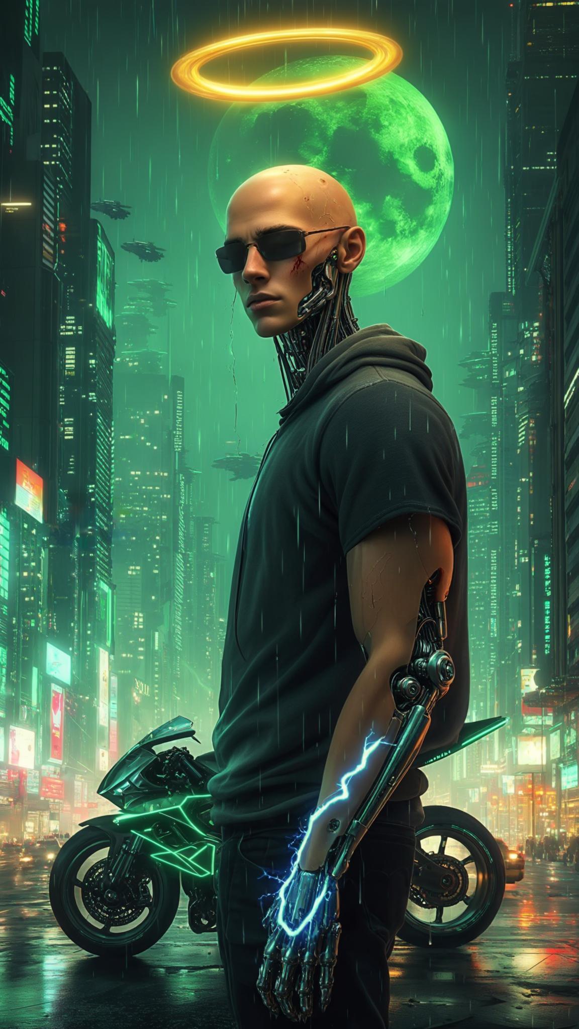 AI Image Generated by Luma Photon: A bald Dominican young man stands motionless at the heart of a sprawling futuristic cityscape, bathed in the neon glow of a cybernetic metropolis. Suspended above his head, a golden halo pulses gently, casting a celestial shimmer over his cybernetically enhanced face—deep scars etched into his skin, whispering untold battles of survival. A slow dolly shot closes in, revealing his sleek sunglasses resting low on his nose, exposing piercing, contemplative eyes locked onto his sleek, armored mecha motorcycle. Raindrops descend from the sky, sizzling upon contact with his cybernetic fingers, releasing tendrils of steam as faint arcs of blue electricity flicker across his metallic limbs. The air hums with the distant echoes of hovering patrol ships, their blinking lights scattering like stars in the glossy reflection of his open palm. Behind him, his massive mecha wings remain folded, pulsating with neon-green energy, their intricate mechanisms subtly shifting with each measured breath he takes. The cityscape is alive—holographic advertisements flicker across towering skyscrapers, while rain-soaked streets mirror the vibrant pulse of the skyline. The camera lingers in hyper-realistic 8K detail, capturing every rivulet of water running down his cheek, every micro-expression revealing the weight of destiny on his shoulders. Above, a massive green moon looms, its ethereal glow diffusing through the haze, casting an otherworldly ambiance over the scene. The world around him slows, as if time itself hesitates in his presence—a moment suspended between past and future, between action and inevitability. Unreal Engine Rendering 