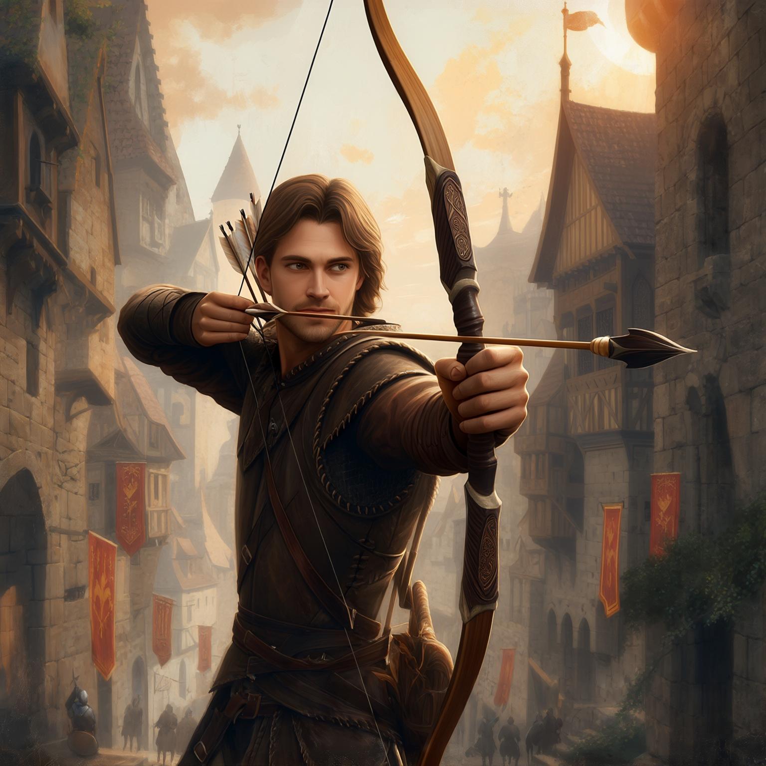 AI Image Generated by Luma Photon: An archer with an open and calm face aims against the backdrop of a medieval city in vintage fantasy style