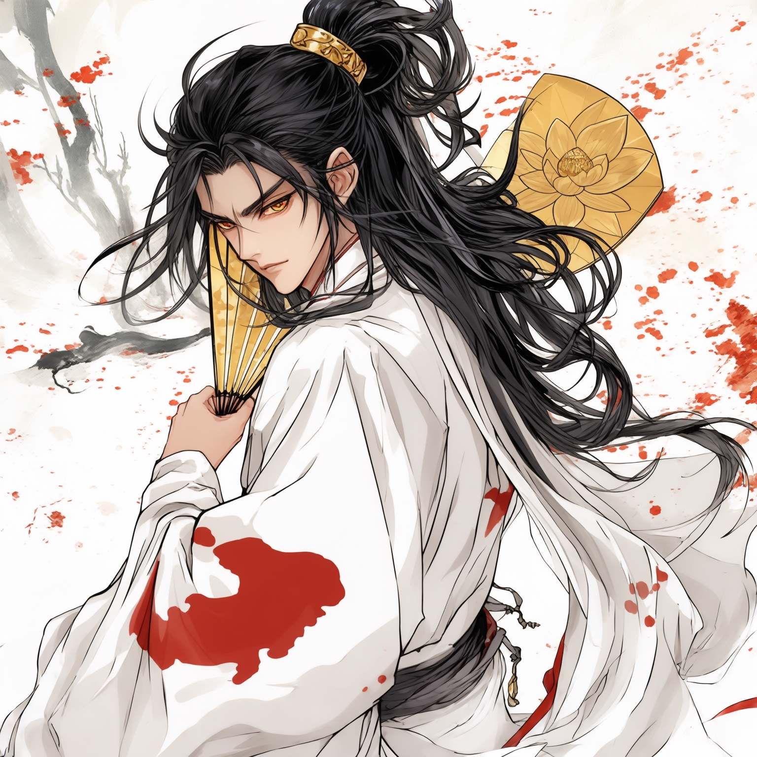 AI Image Generated by Luma Photon: traditional coloured Chinese manhua drawing, side camera perspective looking down at face, Chinese Xianxia young male handsome tall in simple white Hanfu brocade robes with big red splatters patterns, dark golden eyes, angular face, with a cold stare and arrogance, parted long untied black hair that flows down to shoulder, descending with a golden fan with golden lotus formation on it.