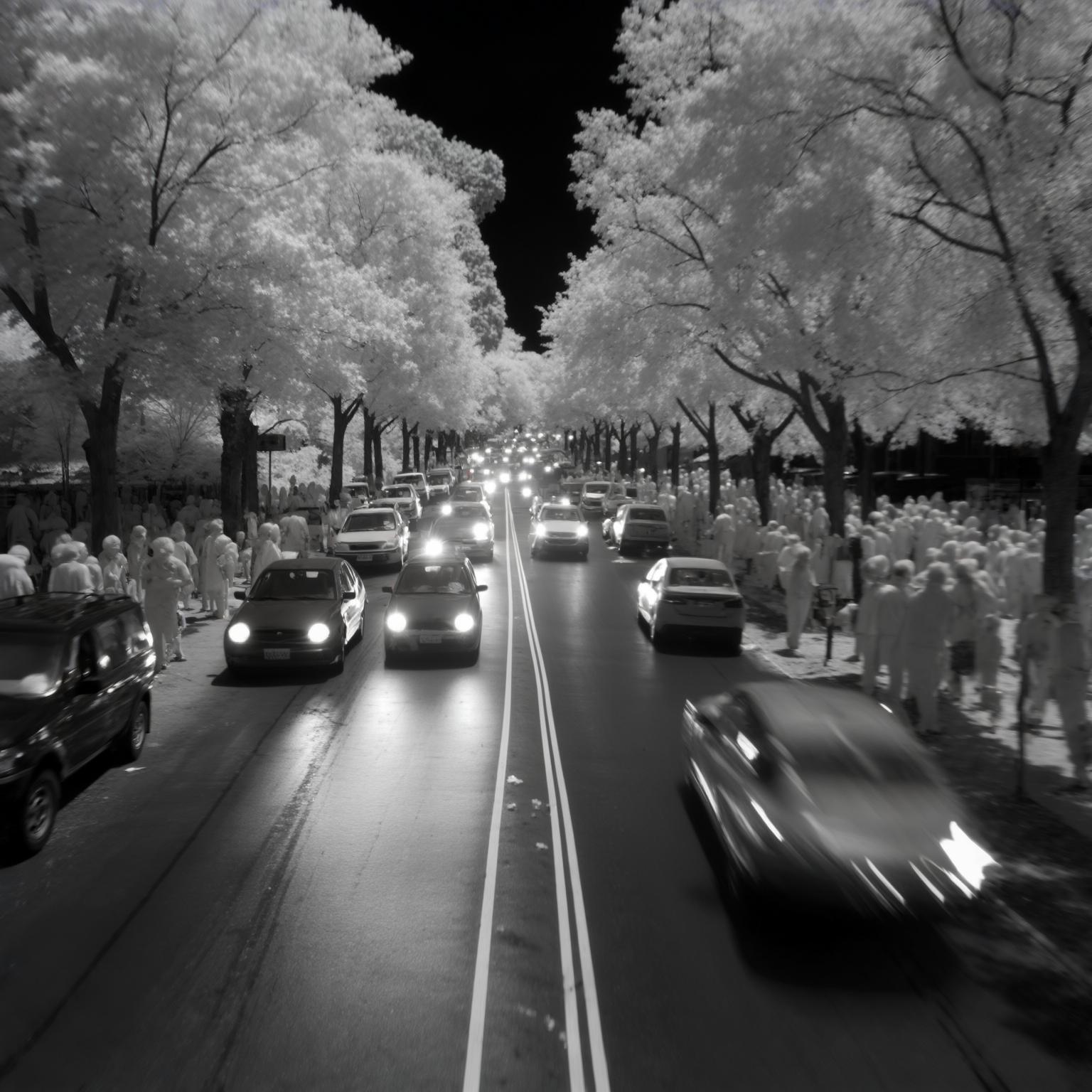 AI Image Generated by Luma Photon:  Style :

Act as an thermal infrared camera.

The image show the temperature of objects and people, such as hot spots and heat loss areas.

Represent the heat using grayscale : white is the hottest, black is the coolest.

Use hight contrast for the image.

Heat intensity is directly corelated with brightness.

The image show less details, and the outlines of objects are blurry.


Common hot areas are : persons, engines, moving tires, animals.

Common cold areas are : background, trees, the floor, non-moving objects.


The scene :

This is a large field of view taken from afar.

It takes place in a street.

The road is a 2 lane road, in the center of the image.

There are trees in both side of the walkway, a little on the side.

From left and right of the road in a crowd busy shopping.

On the roads are cars moving fast, engine on, tires hot.

Next to the roads are car parked, not moving, engine off. 