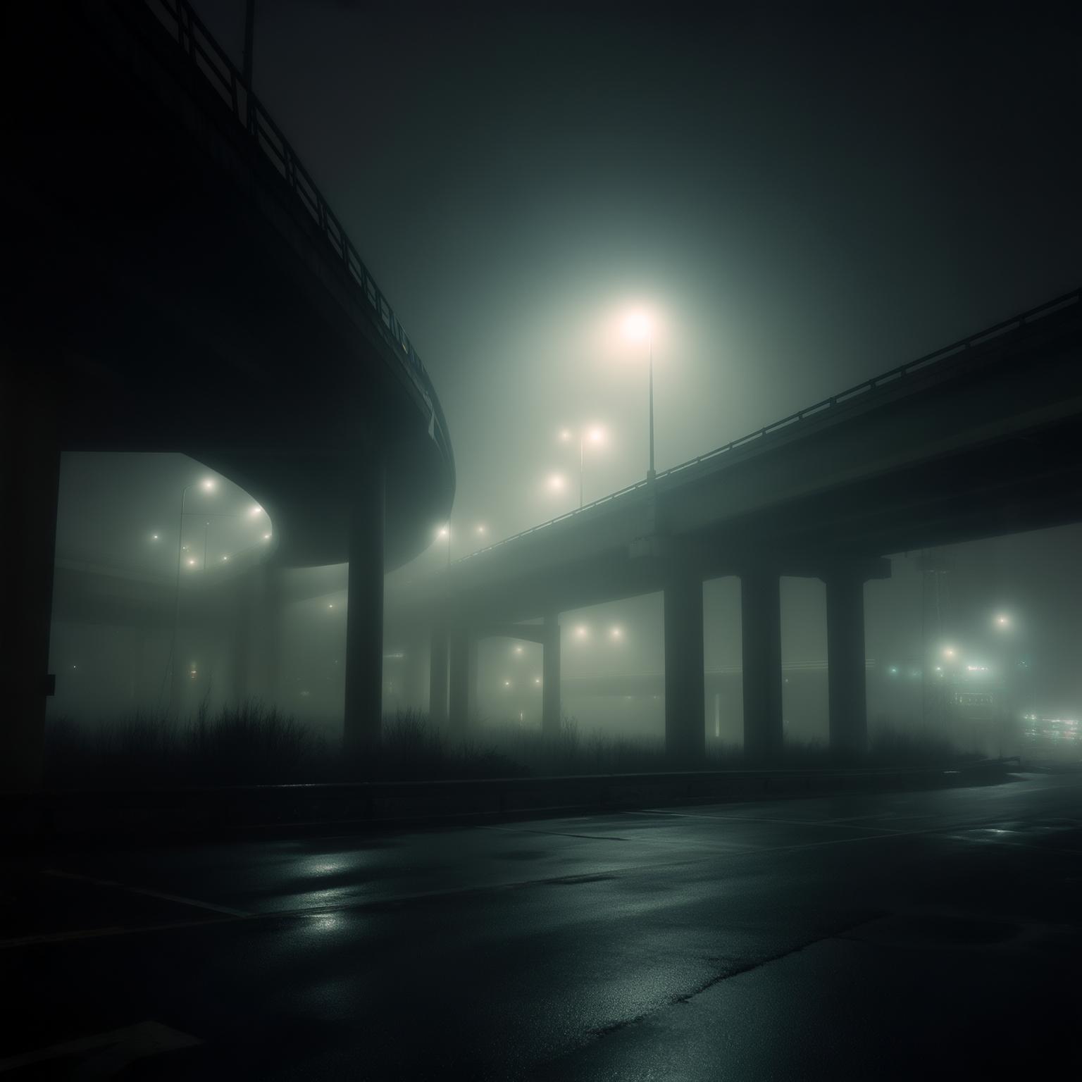 AI Image Generated by Luma Photon: 夜晚隐藏在浓雾中的高架桥