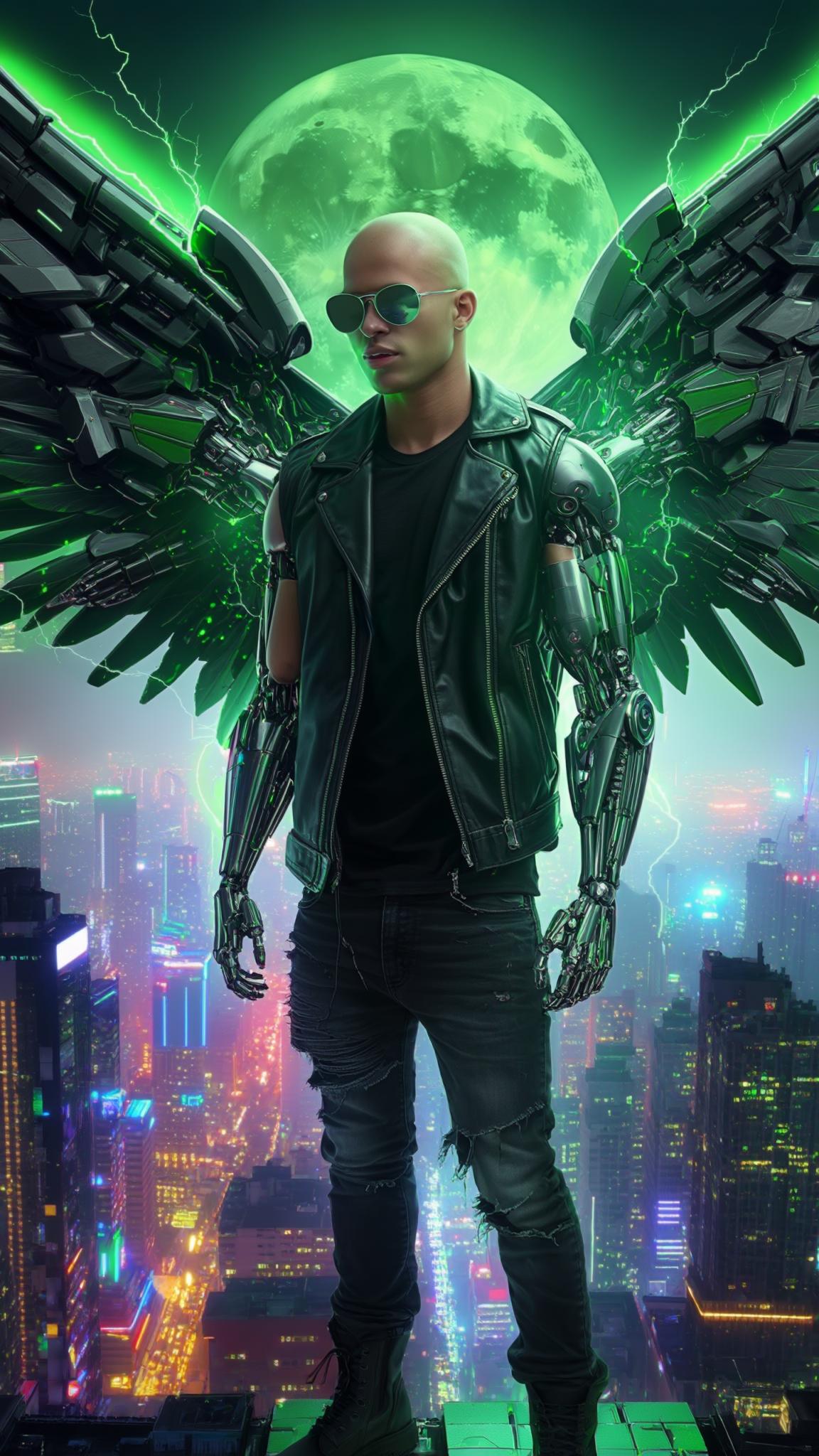 AI Image Generated by Luma Photon: Camera at 45-degree. A bald Dominican young man standing in the street in a sprawling futuristic cityscape, the neon glow of cybernetic advancements illuminating the skyline. He wears a black leather jacket that is torn, black jeans, and heavy black boots, cybernetic arms, his stance unwavering against the pre-dawn breeze. His sleek sunglasses reflect the distant shimmer of autonomous drones patrolling the metropolis. Attached to his back are two massive cybernetic mecha wings, colored in sleek black and vibrant green, their intricate mechanisms pulsating with energy. Electricity crackles around his wings, arcing across his enhanced frame like a living storm, showcasing the raw power of his cybernetic augmentations. Neon lights are pulsating throughout the city below. A big green moon directly behind subject. Rendered in hyper-realistic 8K, utilizing Unreal Engine-quality graphics
