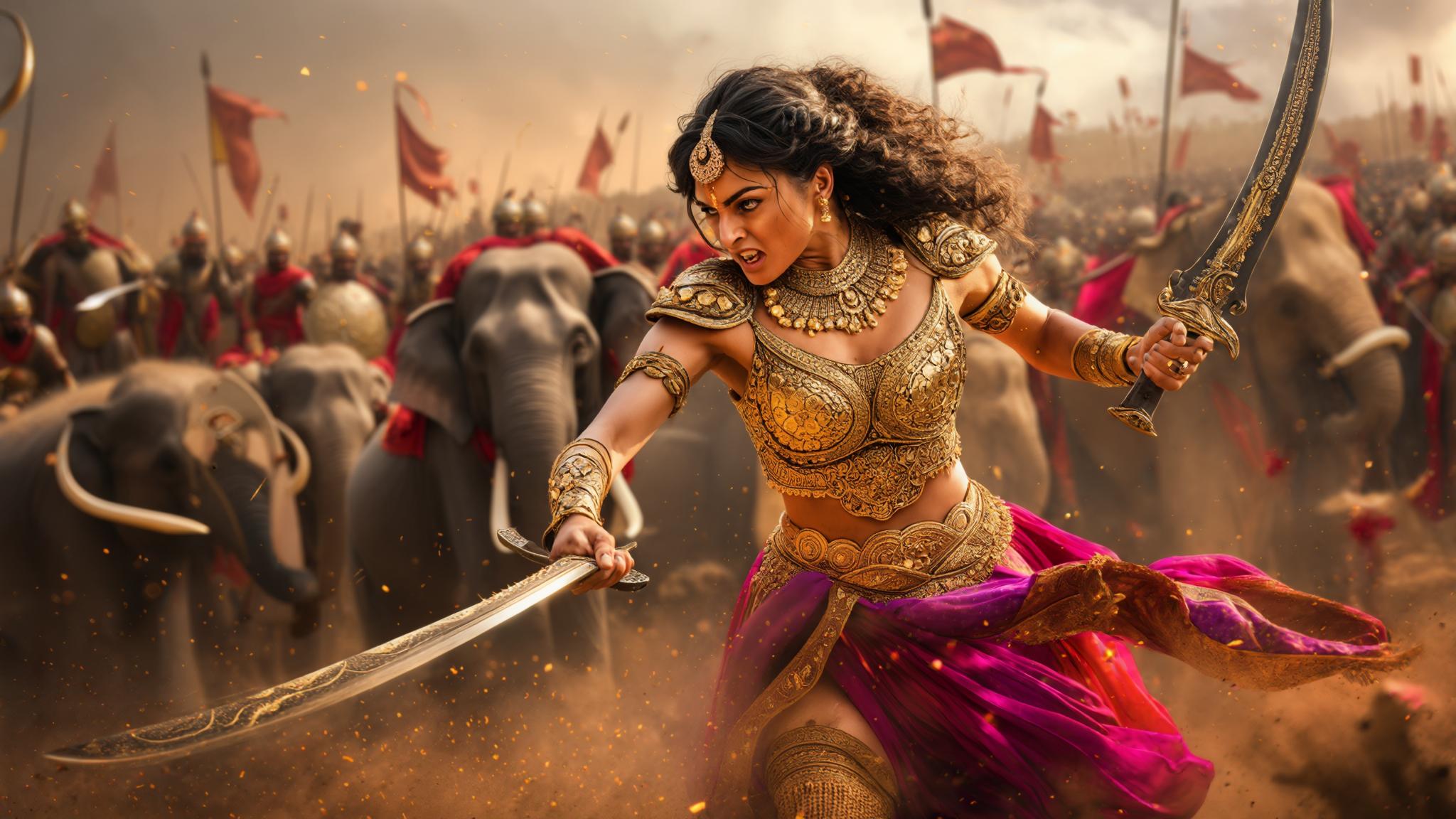 AI Image Generated by Luma Photon: a warrior princess from ancient Indian kingdom + fighting in a battlefield + intense + Colorful Fantasy Design Inspired + Hyper-realistic + Cinematic Image Quality + Fine detail + Epic lighting effects + 4K Cinema Look + --style raw —stylize 250