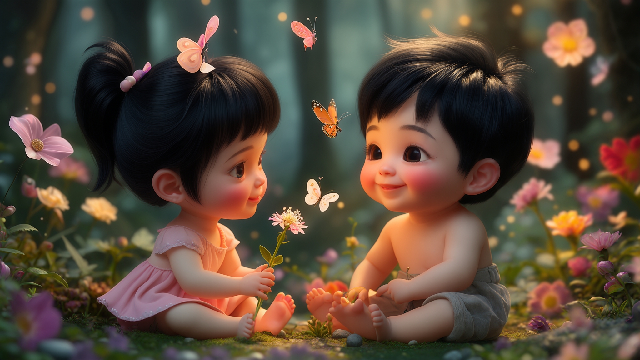AI Image Generated by Luma Photon: Disney-style, two adorable Korean babies in a stylized 3D rendering. Both have black hair and eyes, enhancing their innocence and charm. The girl holds a delicate flower, symbolizing harmony with nature, while the boy, with very short hair and no hat, smiles joyfully at a butterfly. Set in a fairy-tale forest with vibrant flowers and butterflies, the scene is illuminated by soft, gentle lighting, creating a warm and enchanting atmosphere.