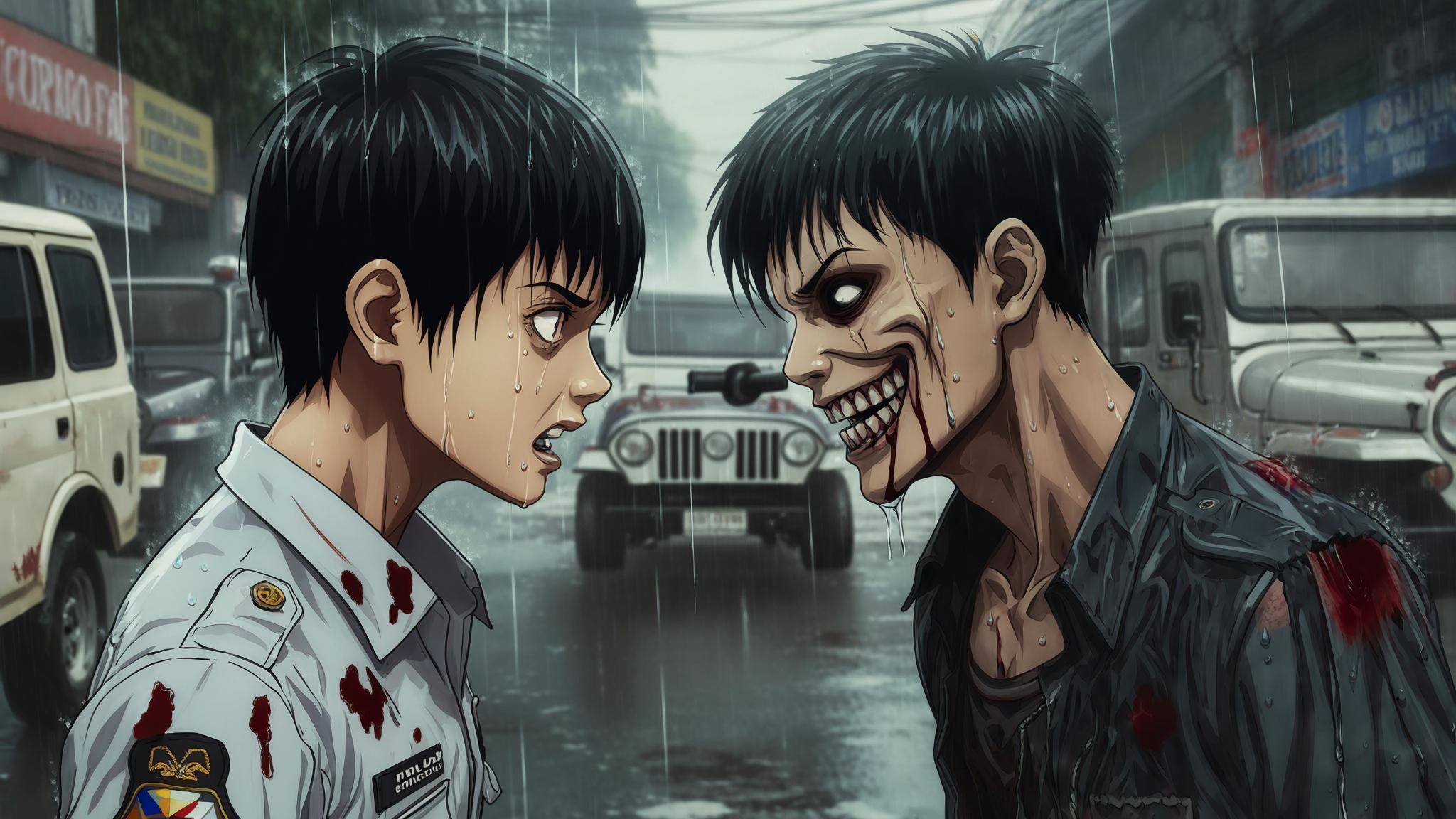 AI Image Generated by Luma Photon: Dion, Filipino 16-year-old male with lean build, short black hair and dark brown eyes, sharp yet defiant features, wearing a blood-stained white uniform, glaring with fury at Galo, Filipino 17-year-old male with broad build, buzzed black hair and cold black eyes, angular face with a twisted, psychotic grin, wearing a shredded dark jacket, both shouting in a rain-soaked Manila street with jeeps crashing behind them!