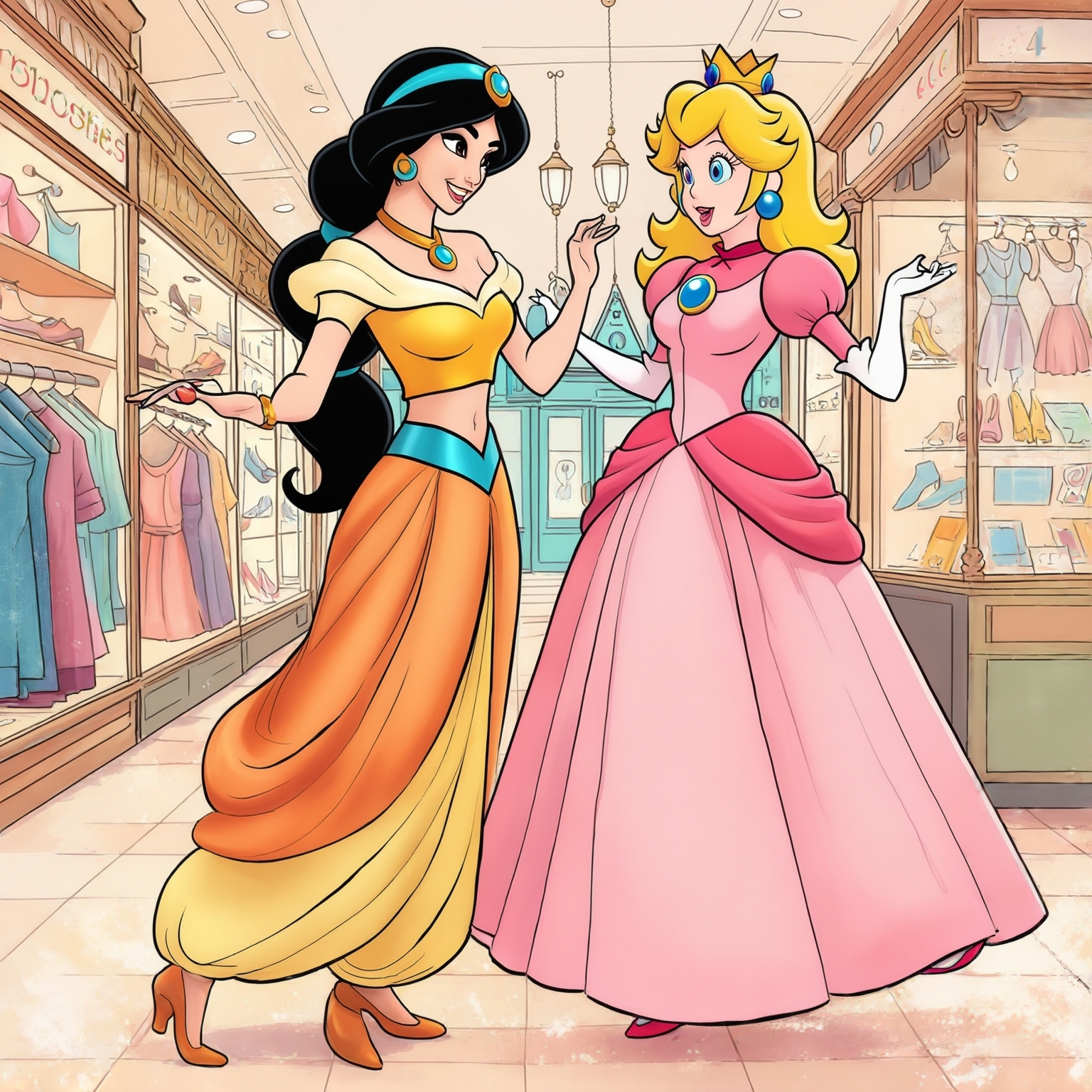 AI Image Generated by Luma Photon: Two lesbians princess jasmine dressed in princess Daisy and princess snow white dressed in princess Peach Nintendo and shopping clothe drawing Disney 1937s 
