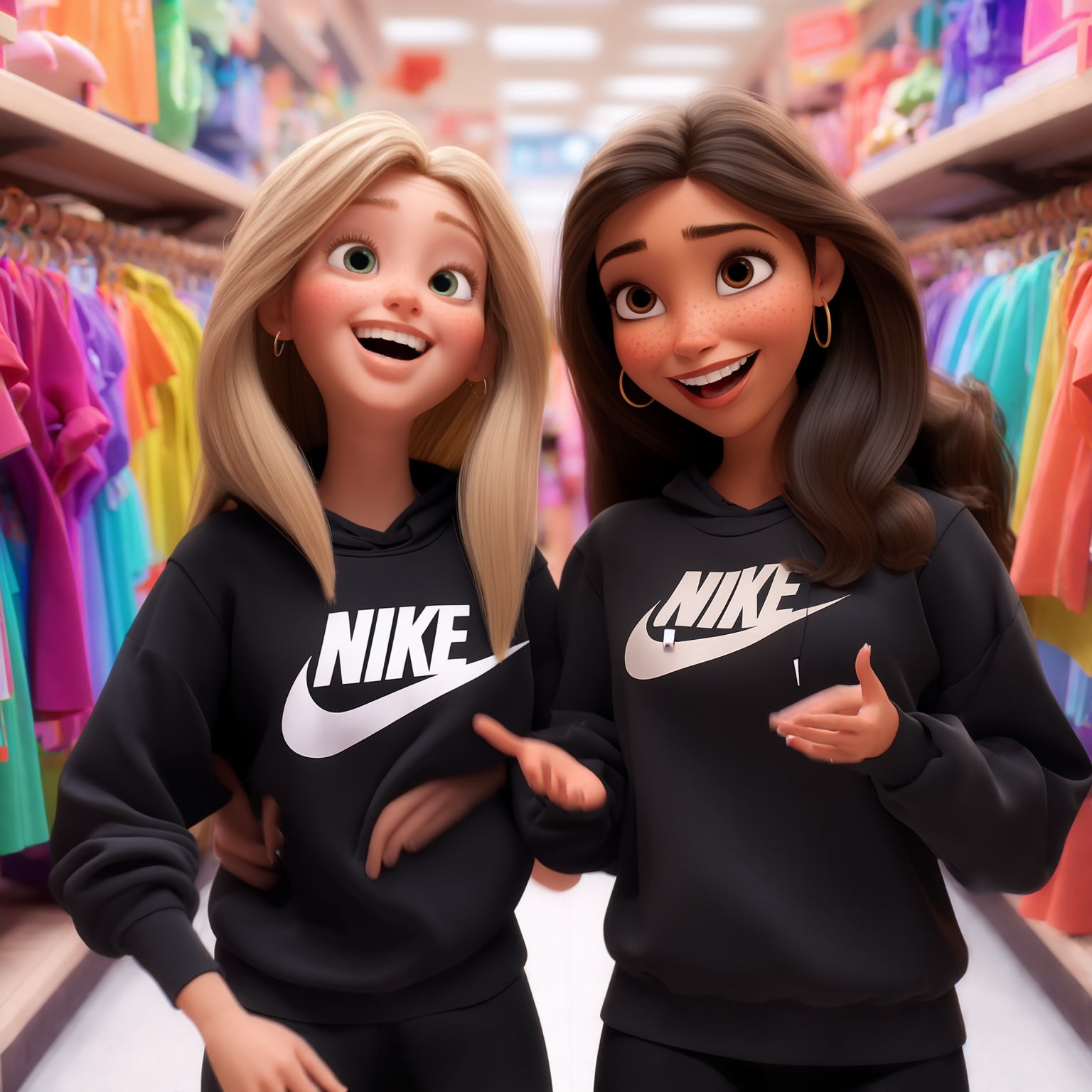 AI Image Generated by Luma Photon: Two lesbians Bree Young long sweat black nike and riley anderson long sweat black nike and cloth shopping clothe drawing Disney cgi