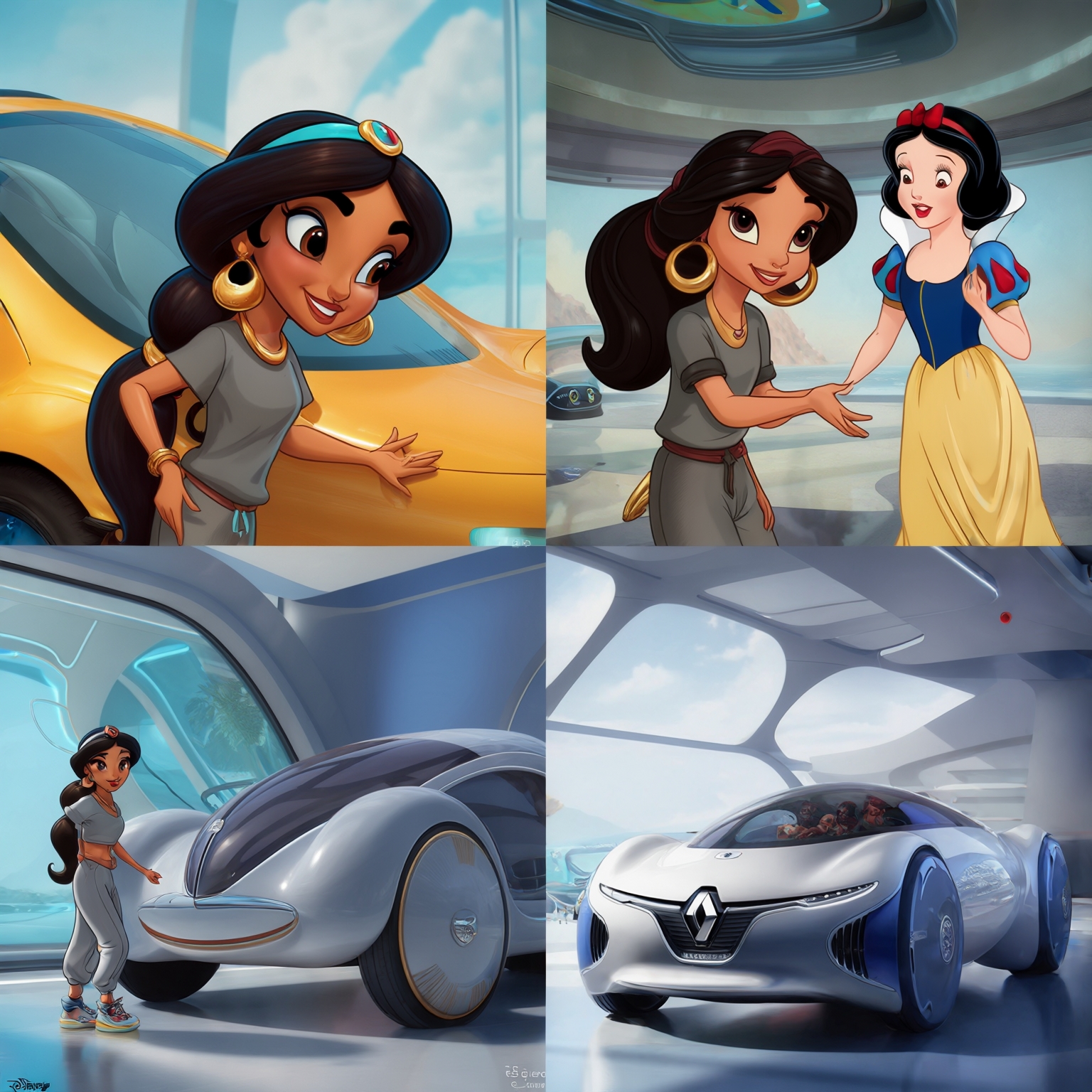 AI Image Generated by Luma Photon: Lesbians jasmine Disney in t-shirts gray jogging gray and air force and snow white Disney in t-shirts gray jogging gray and air force et essayer les voitures Renault de 2025 Pour trouvez leur prochain véhicule Renault de 2025 vue de près styles cartoon Drawing Disney 1937s